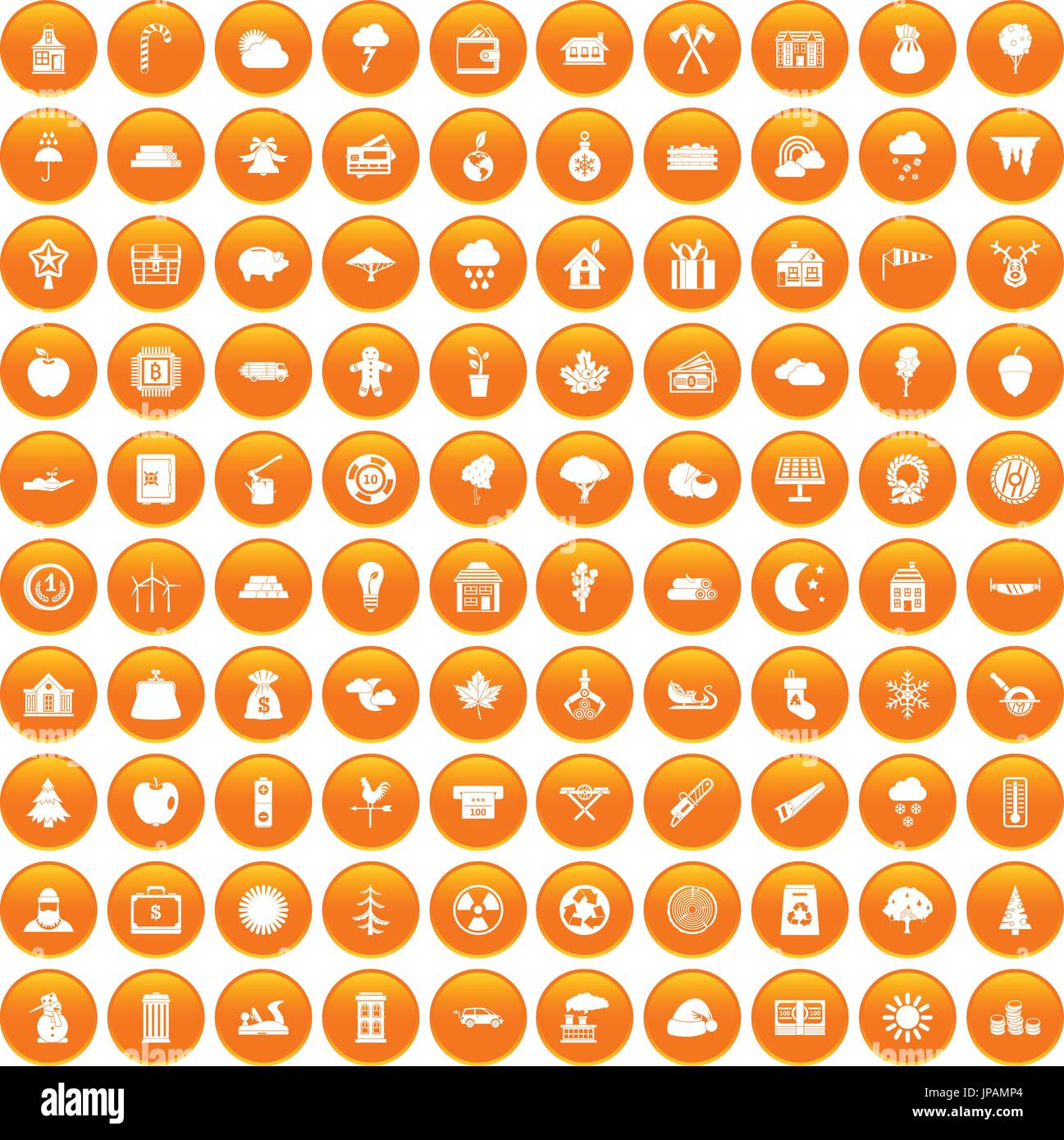 100 lumberjack icons set orange Stock Vector