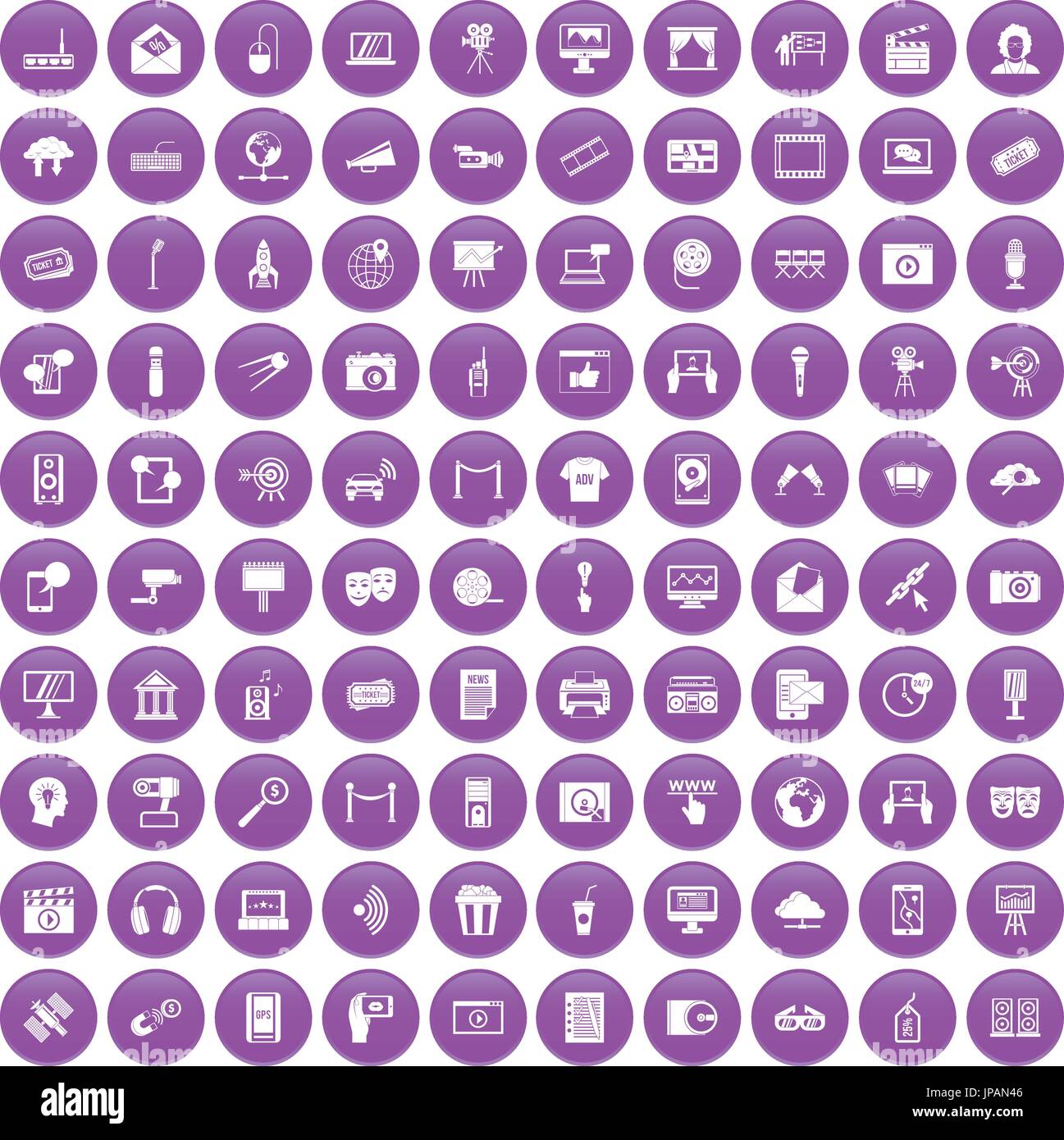 100 multimedia icons set purple Stock Vector