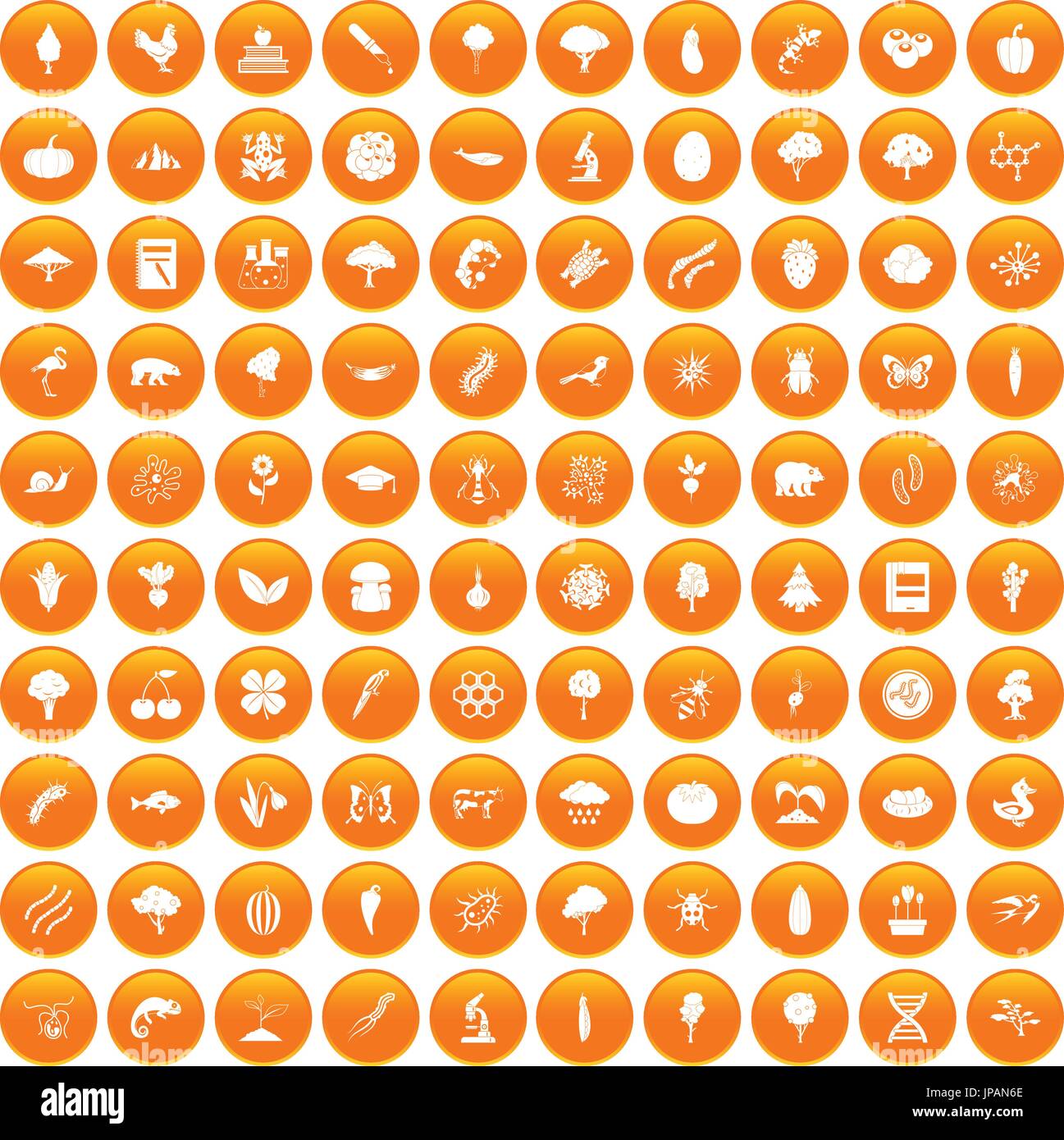 100 microbiology icons set orange Stock Vector