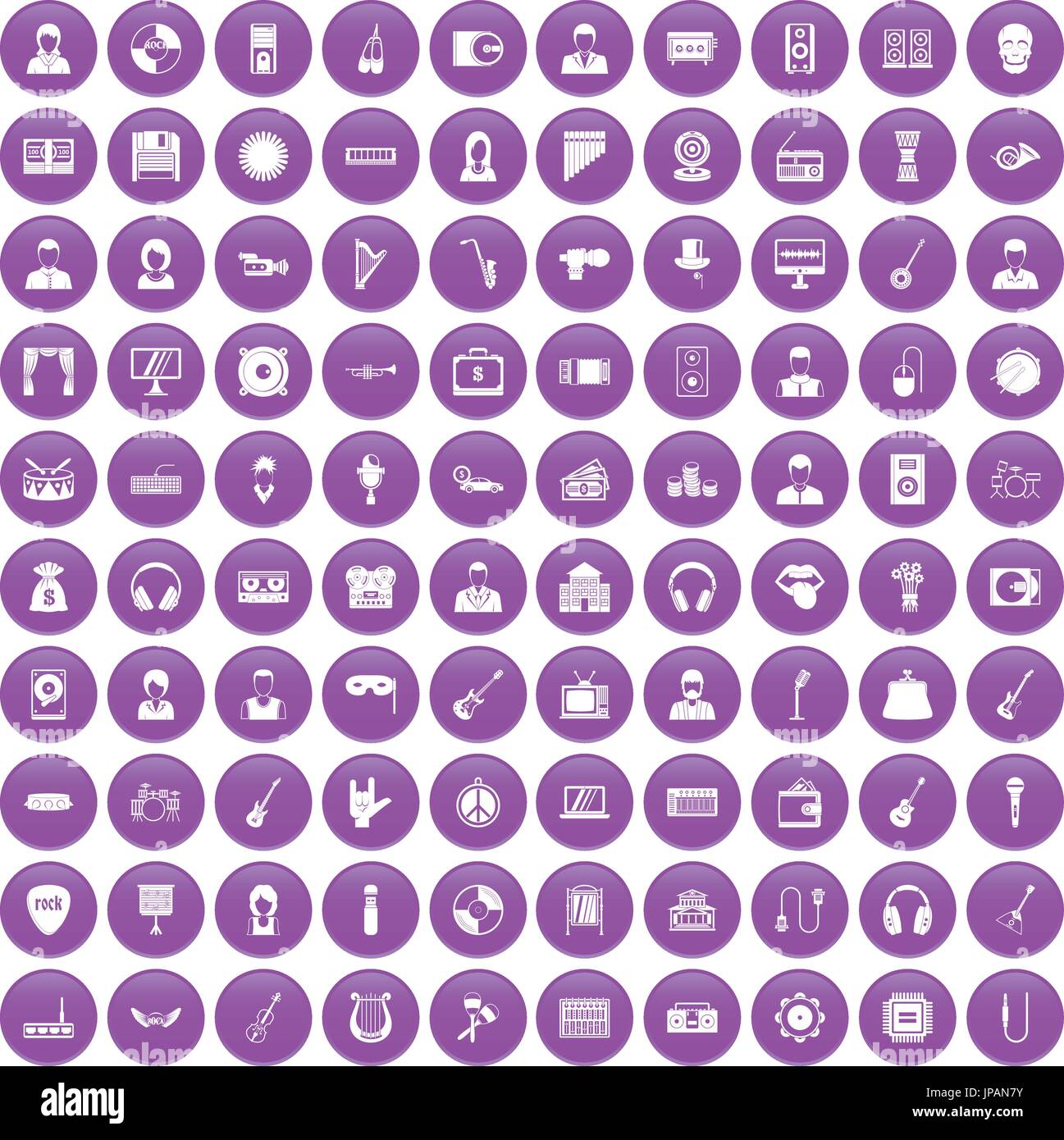 100 music icons set purple Stock Vector