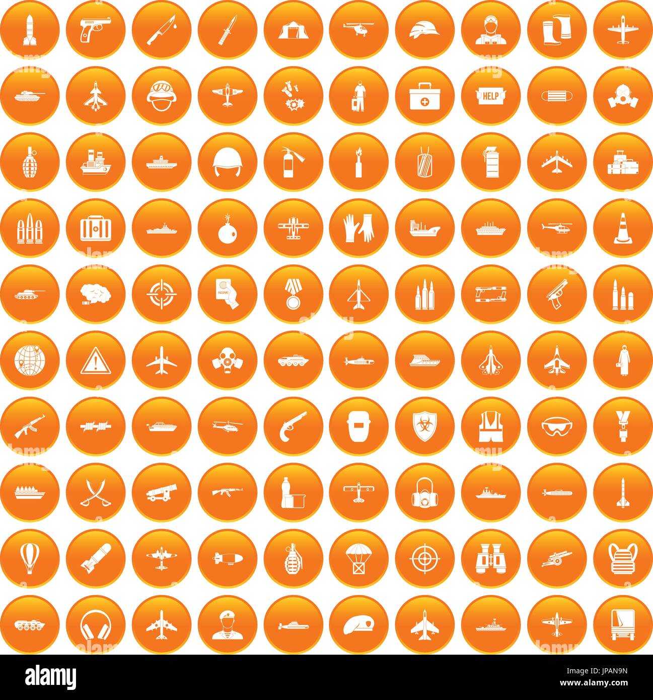 100 military resources icons set orange Stock Vector