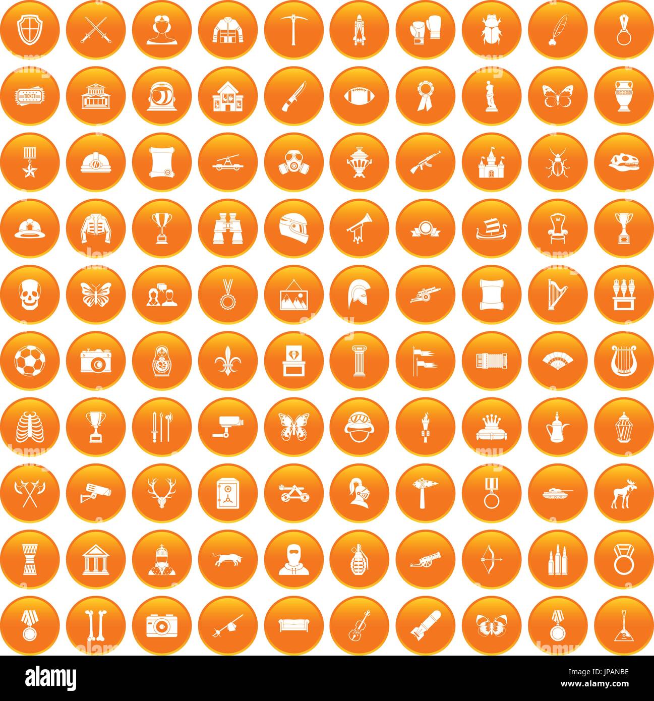100 museum icons set orange Stock Vector
