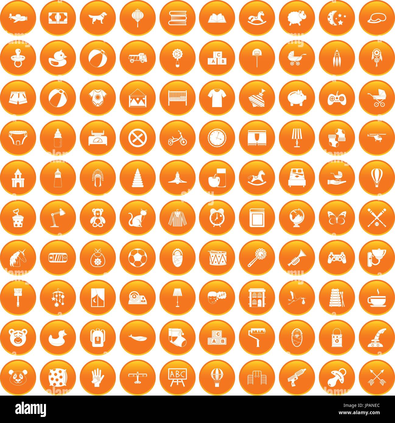 100 nursery icons set orange Stock Vector