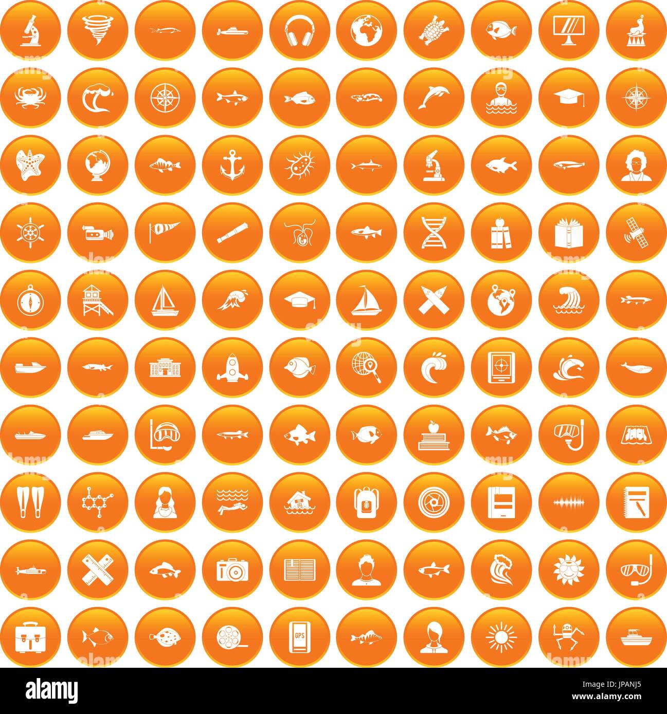 100 oceanologist icons set orange Stock Vector