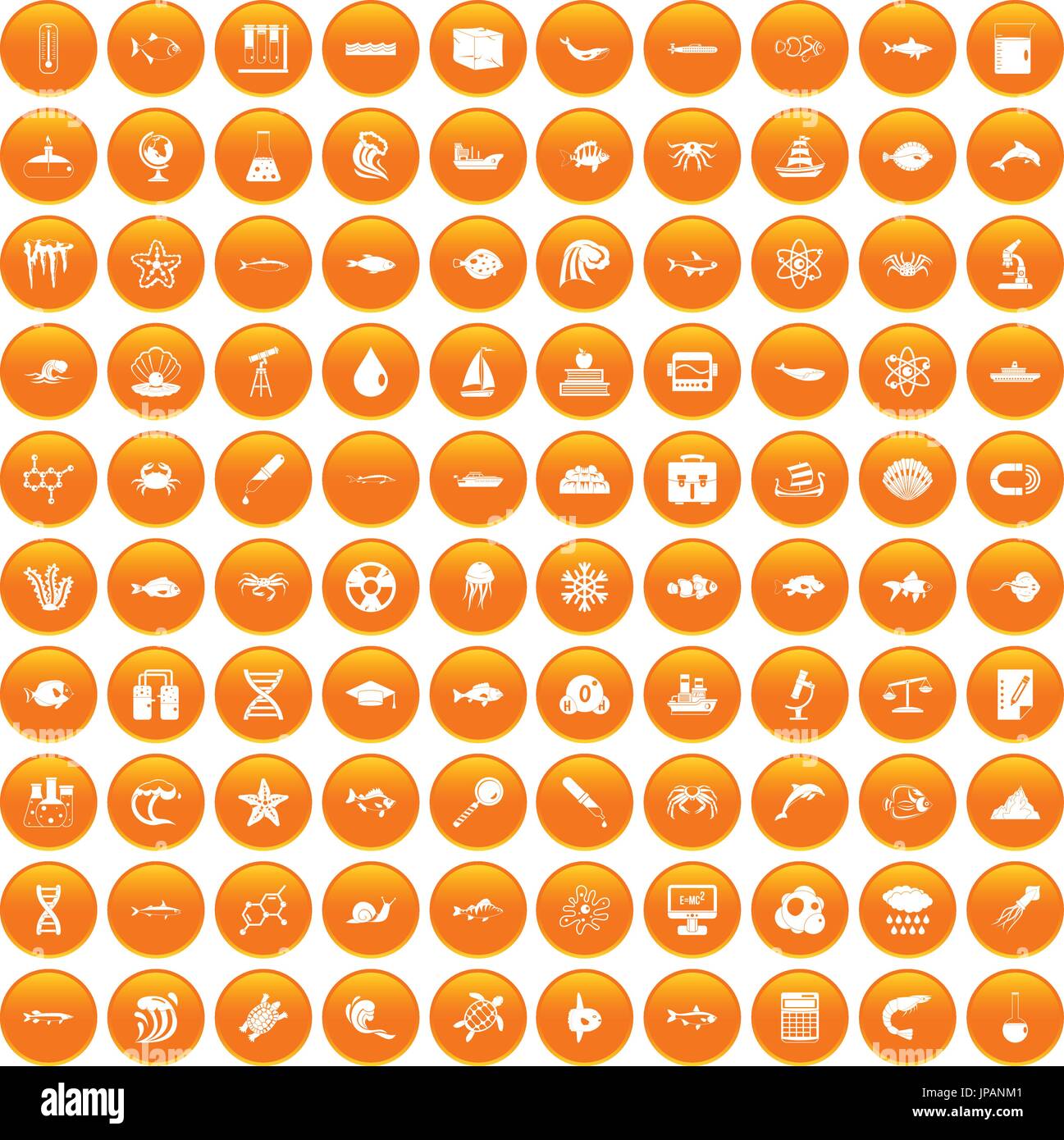100 oceanology icons set orange Stock Vector