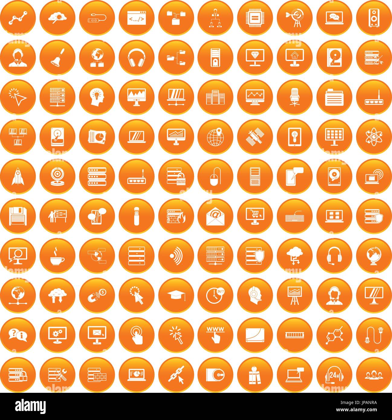 100 on-line seminar icons set orange Stock Vector