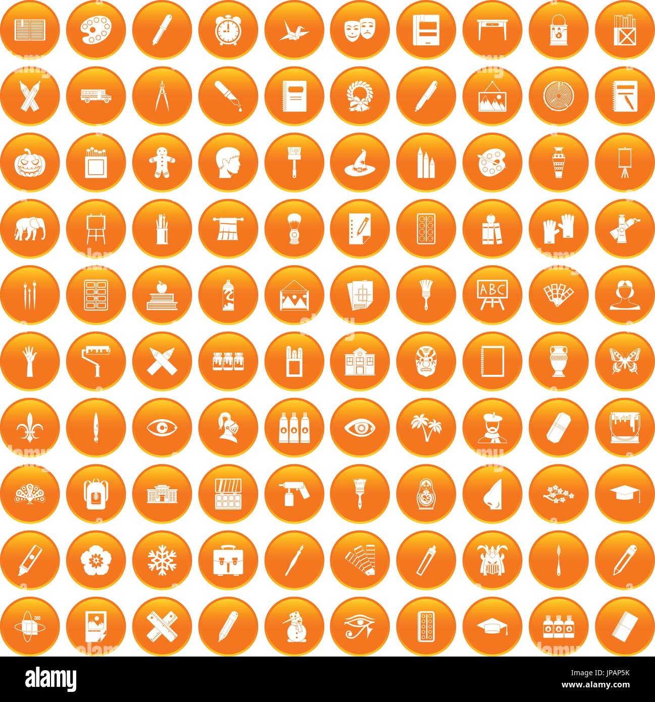 100 paint school icons set orange Stock Vector