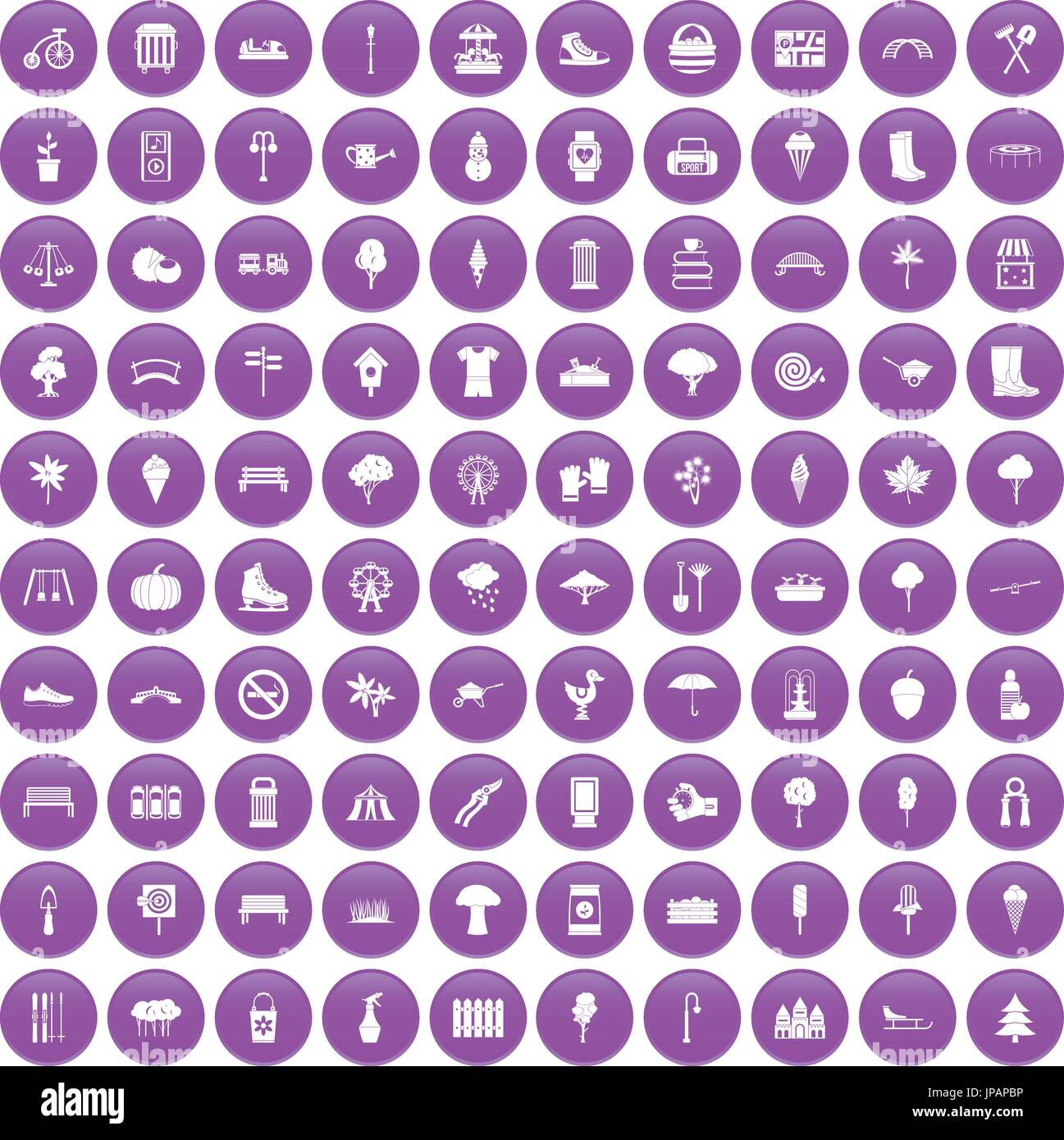 100 park icons set purple Stock Vector