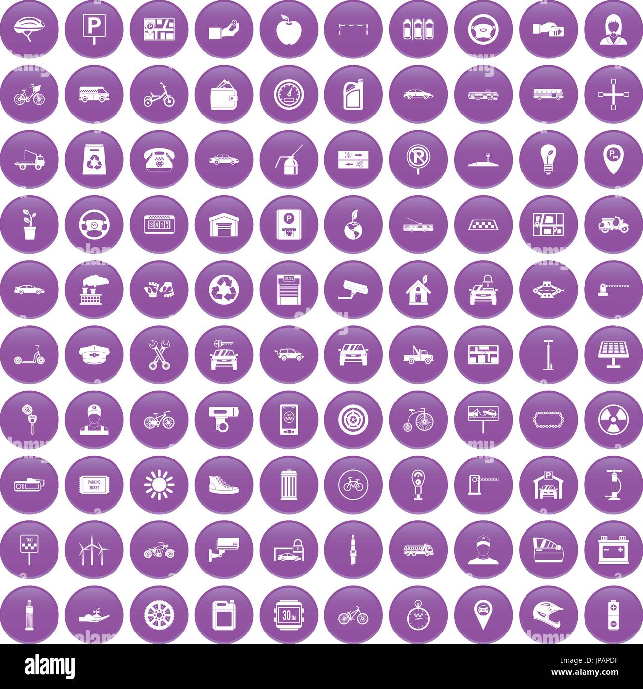 100 parking icons set purple Stock Vector