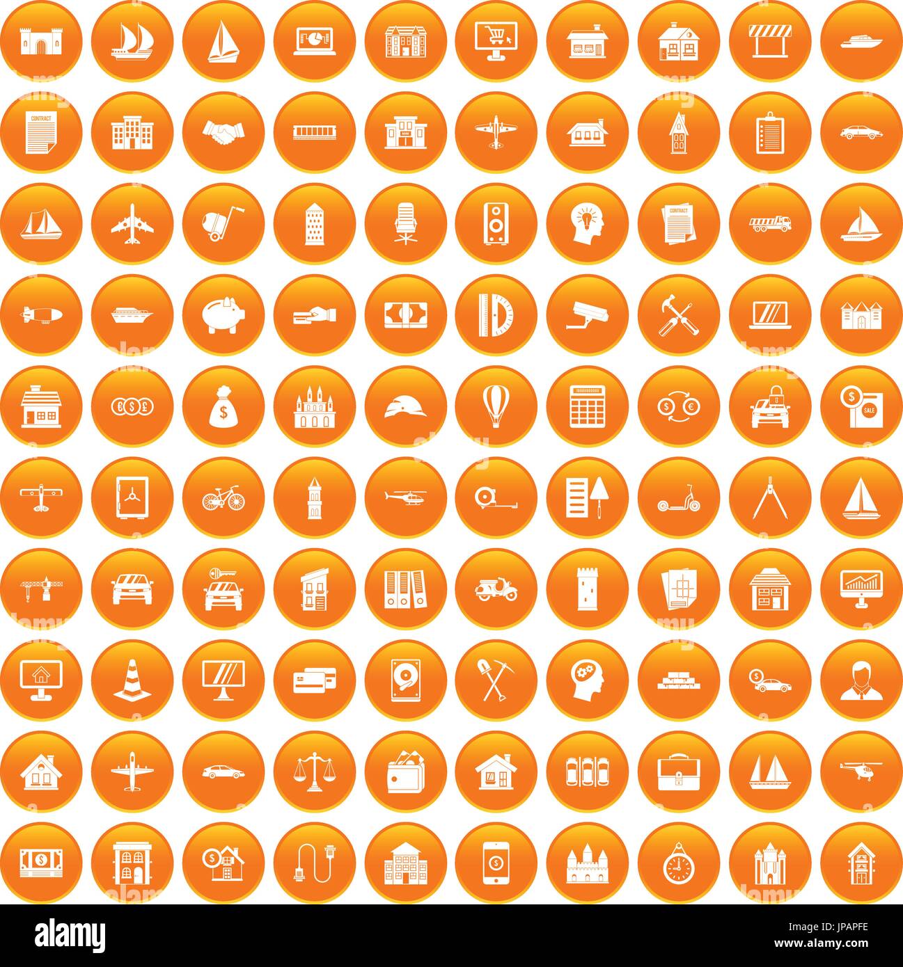 100 private property icons set orange Stock Vector