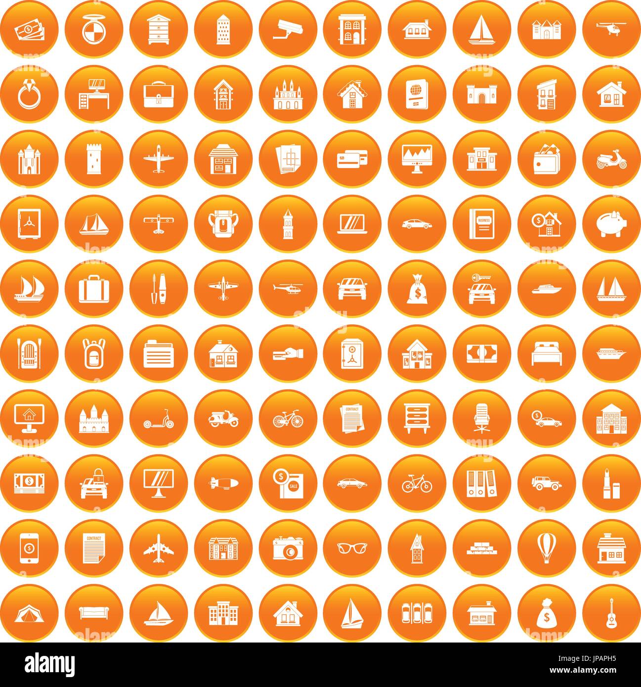 100 property icons set orange Stock Vector