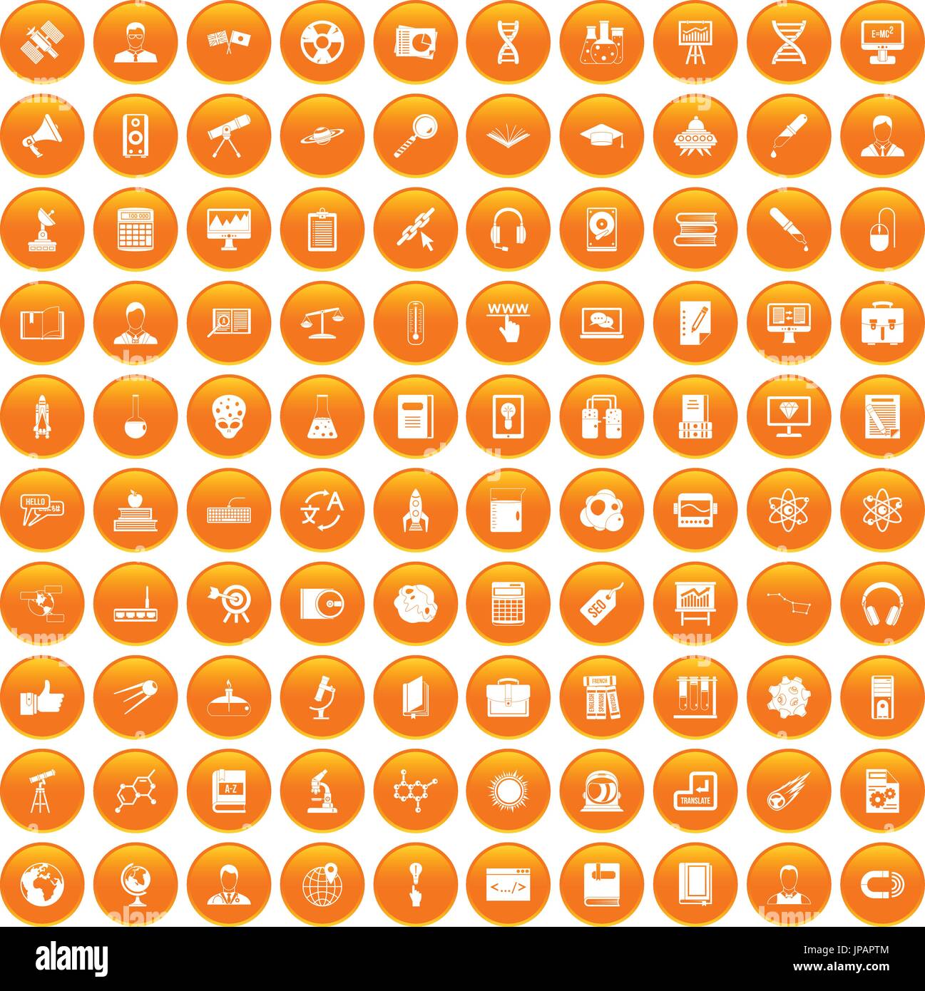 100 researcher science icons set orange Stock Vector
