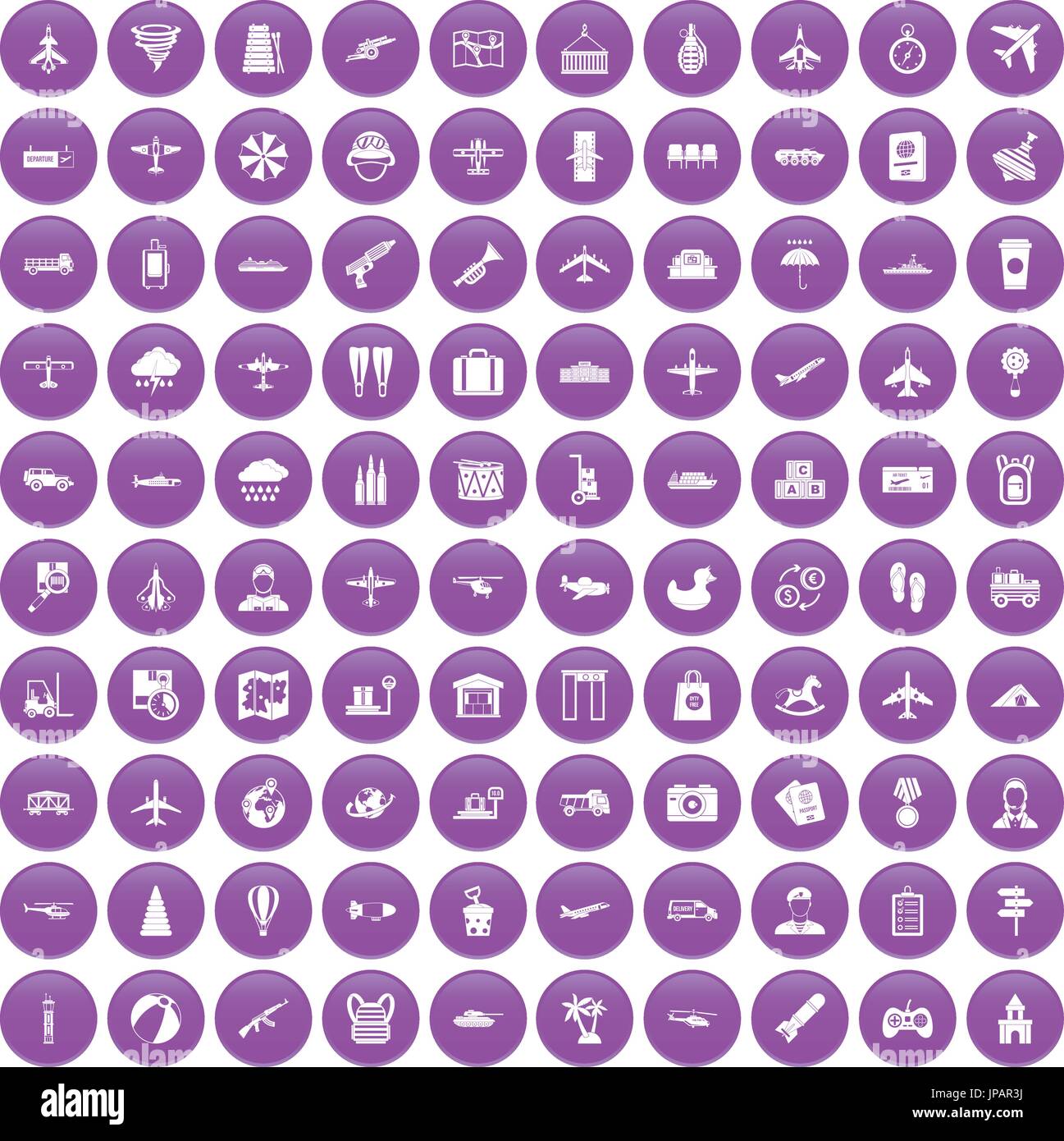 100 plane icons set purple Stock Vector
