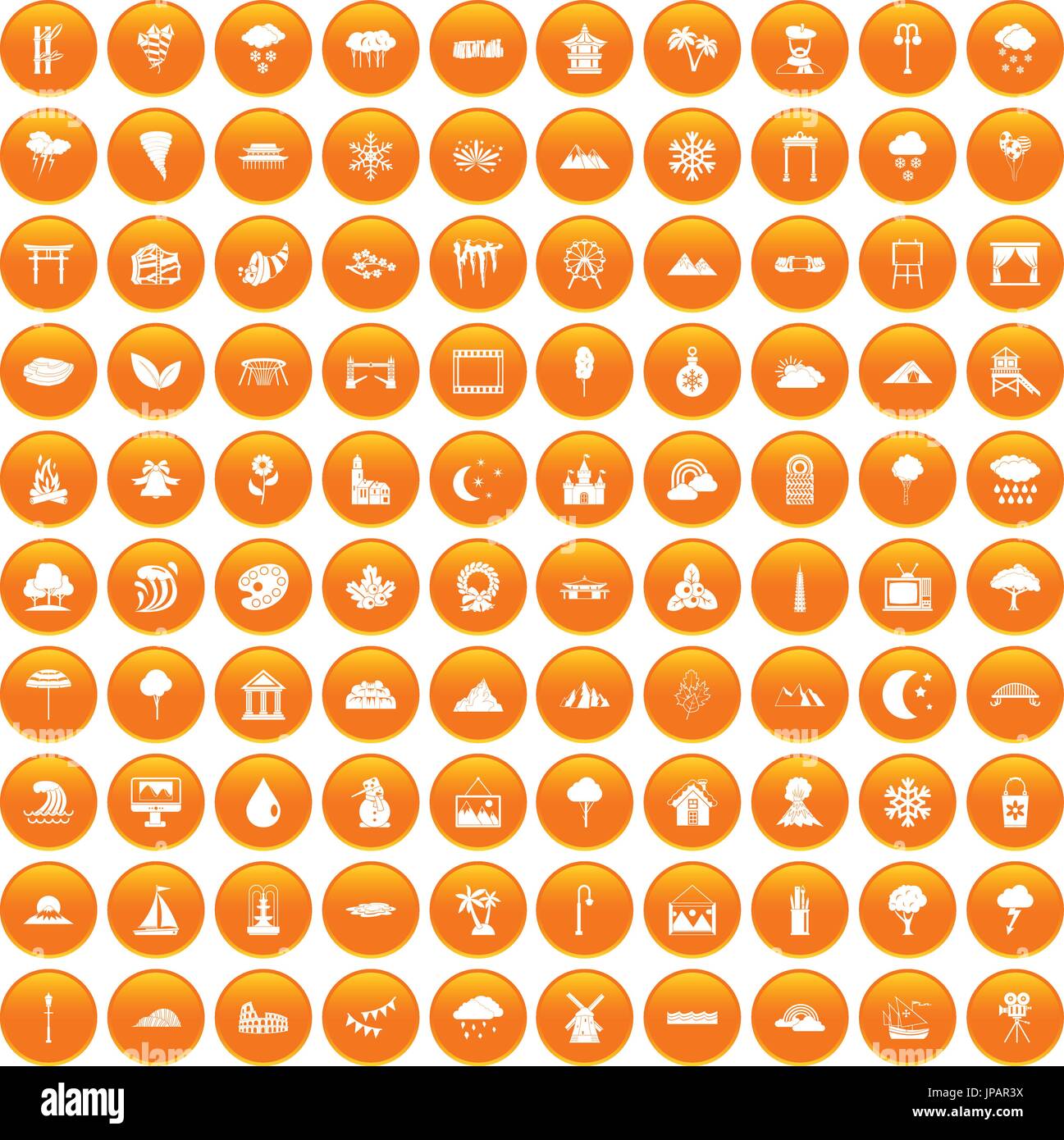 100 scenery icons set orange Stock Vector