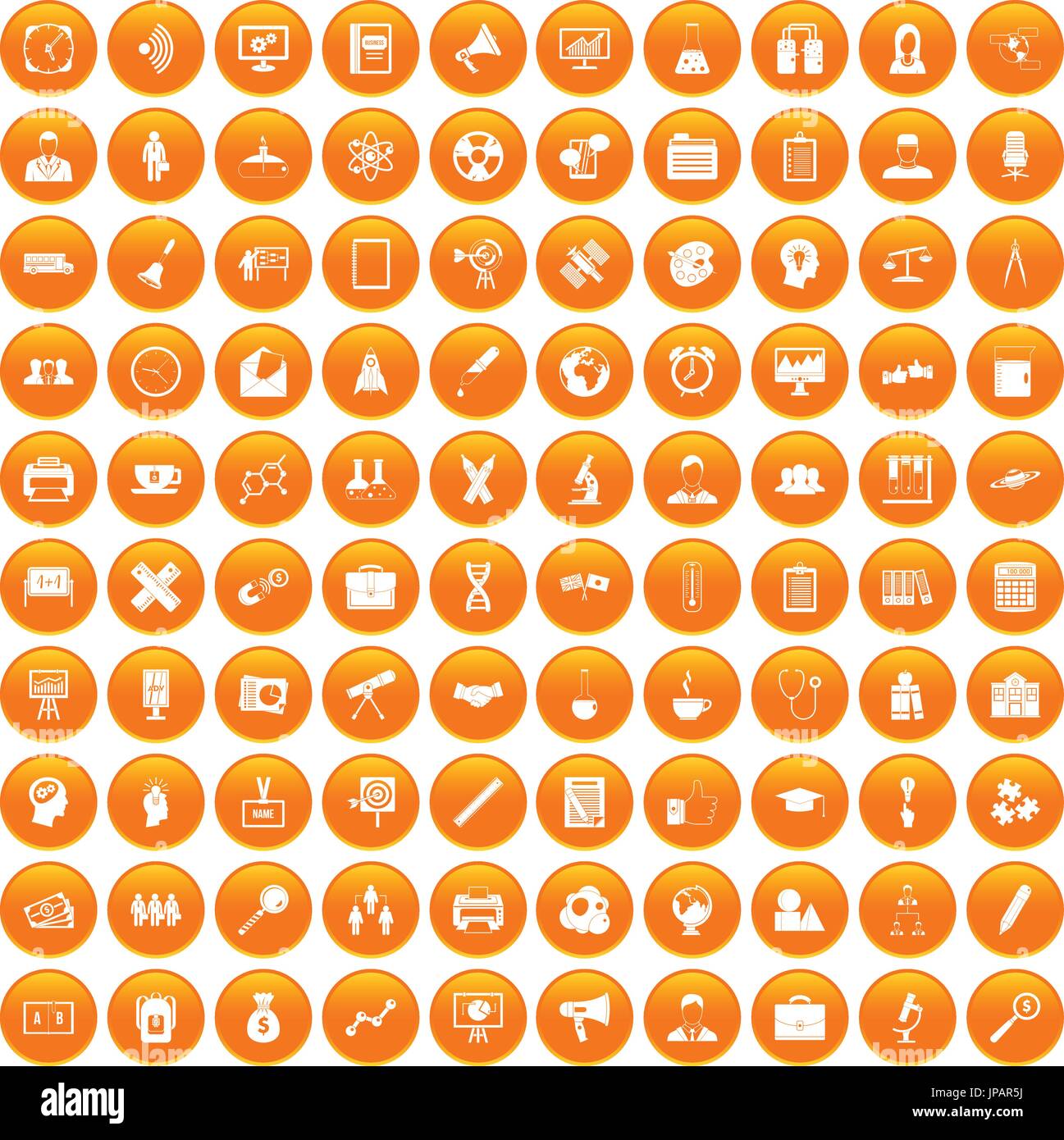 100 seminar icons set orange Stock Vector