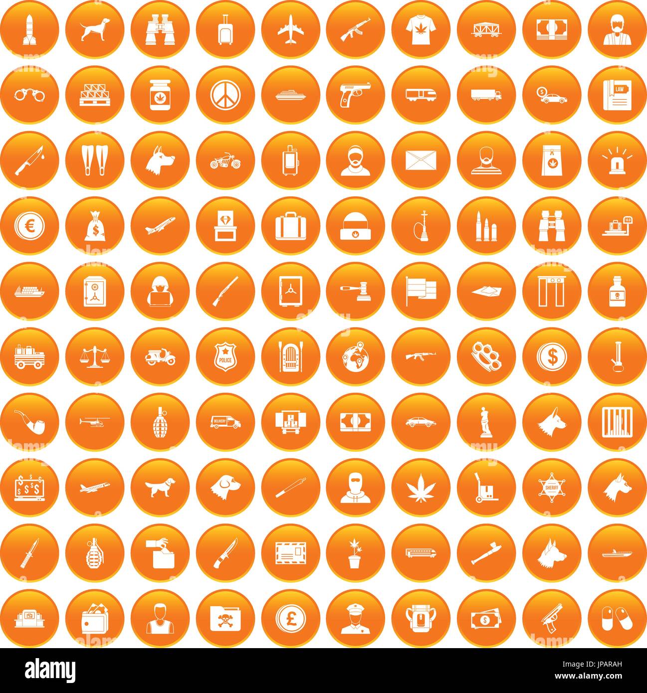 100 smuggling icons set orange Stock Vector