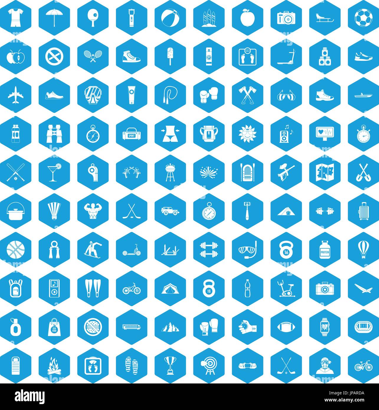 100 active life icons set blue Stock Vector