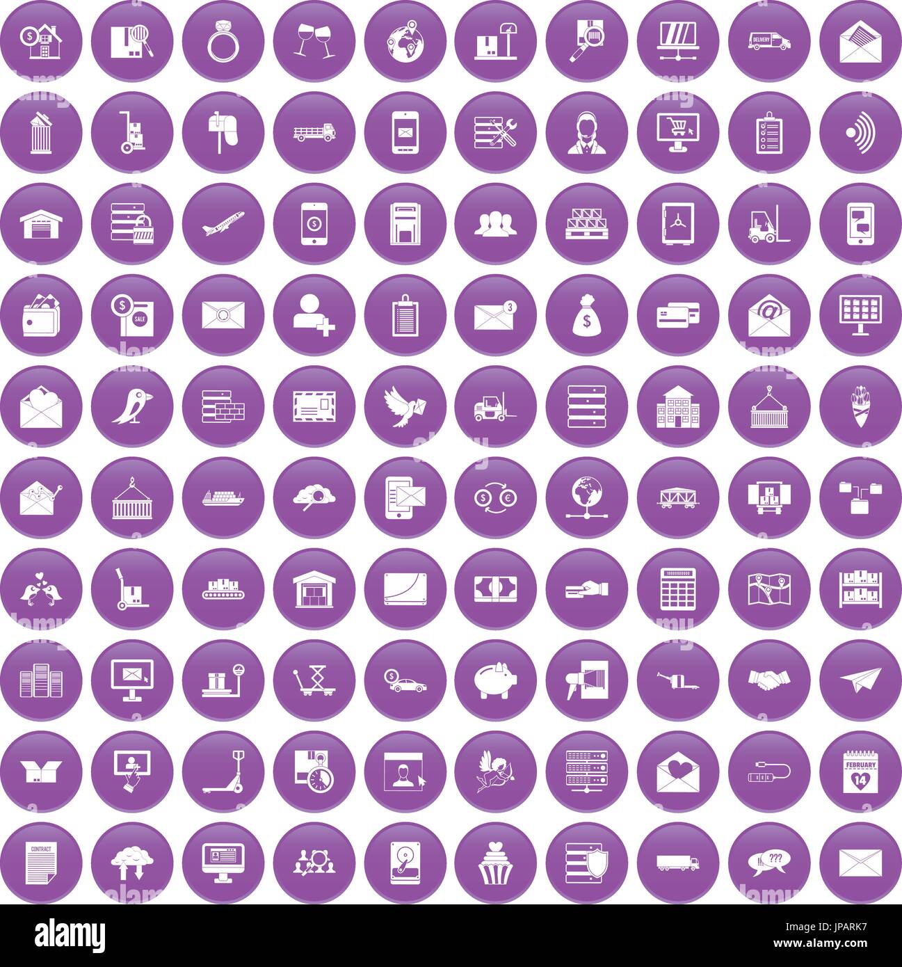 100 postal service icons set purple Stock Vector