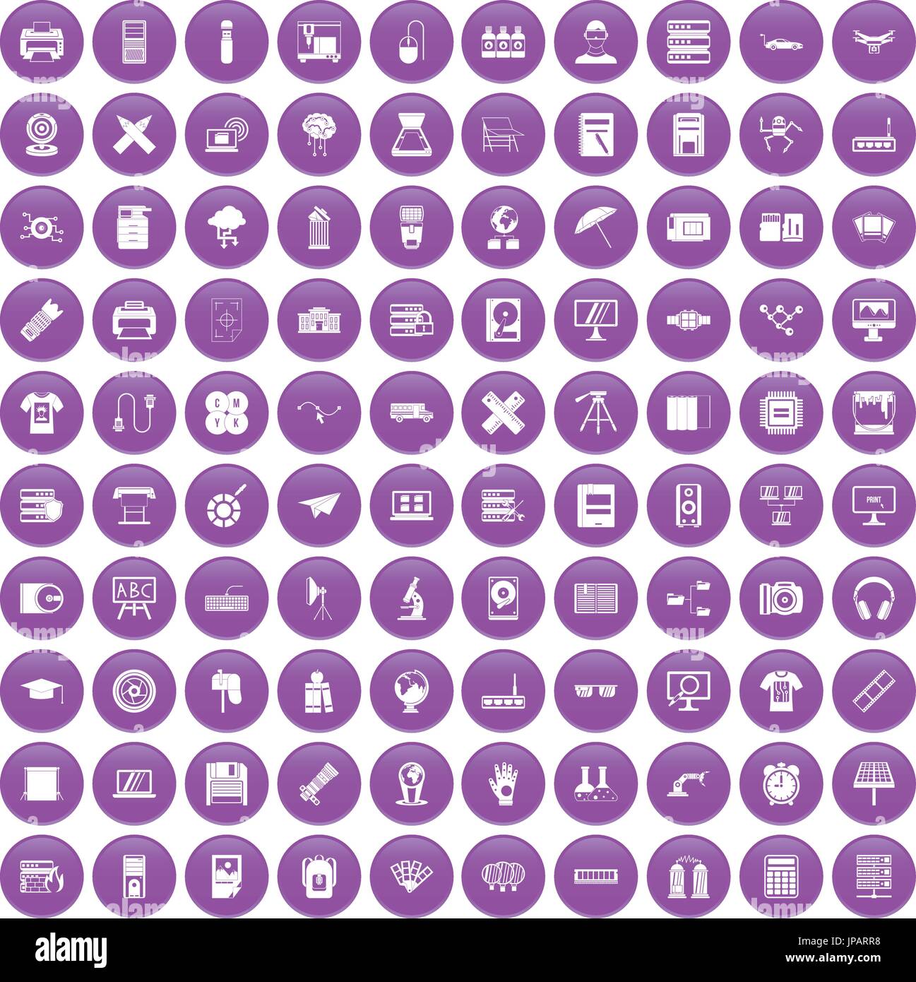 100 printer icons set purple Stock Vector