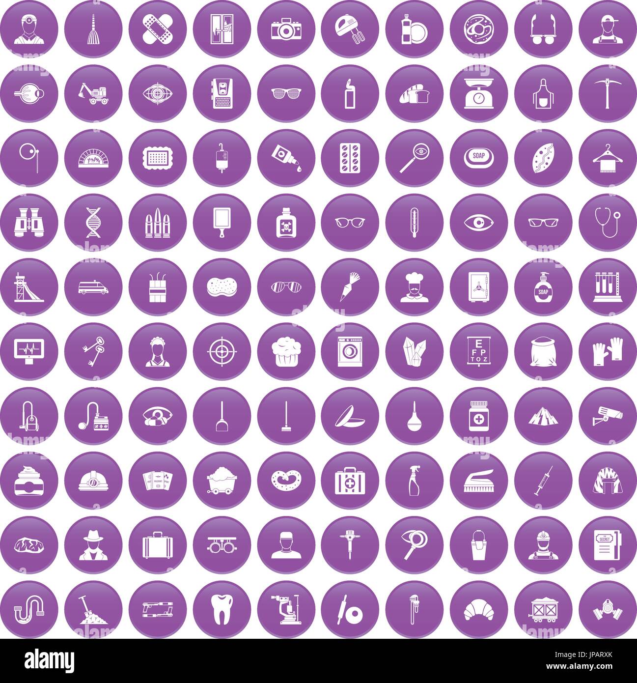 100 profession icons set purple Stock Vector