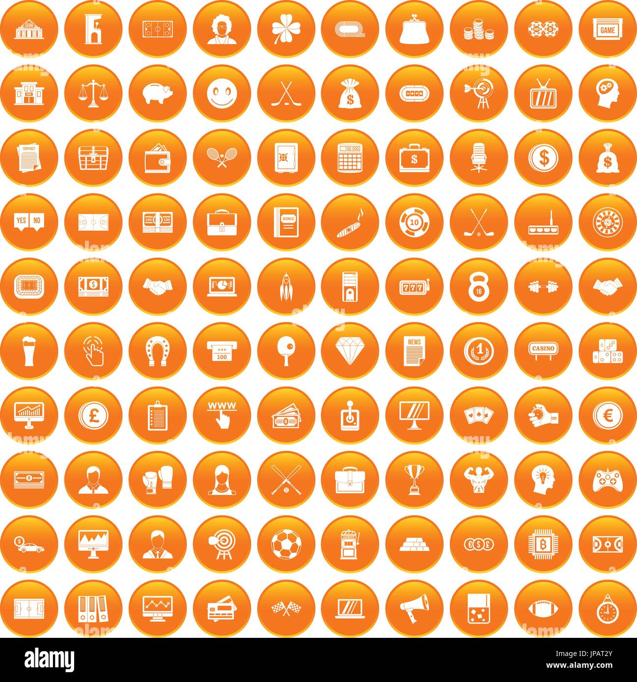 100 sweepstakes icons set orange Stock Vector