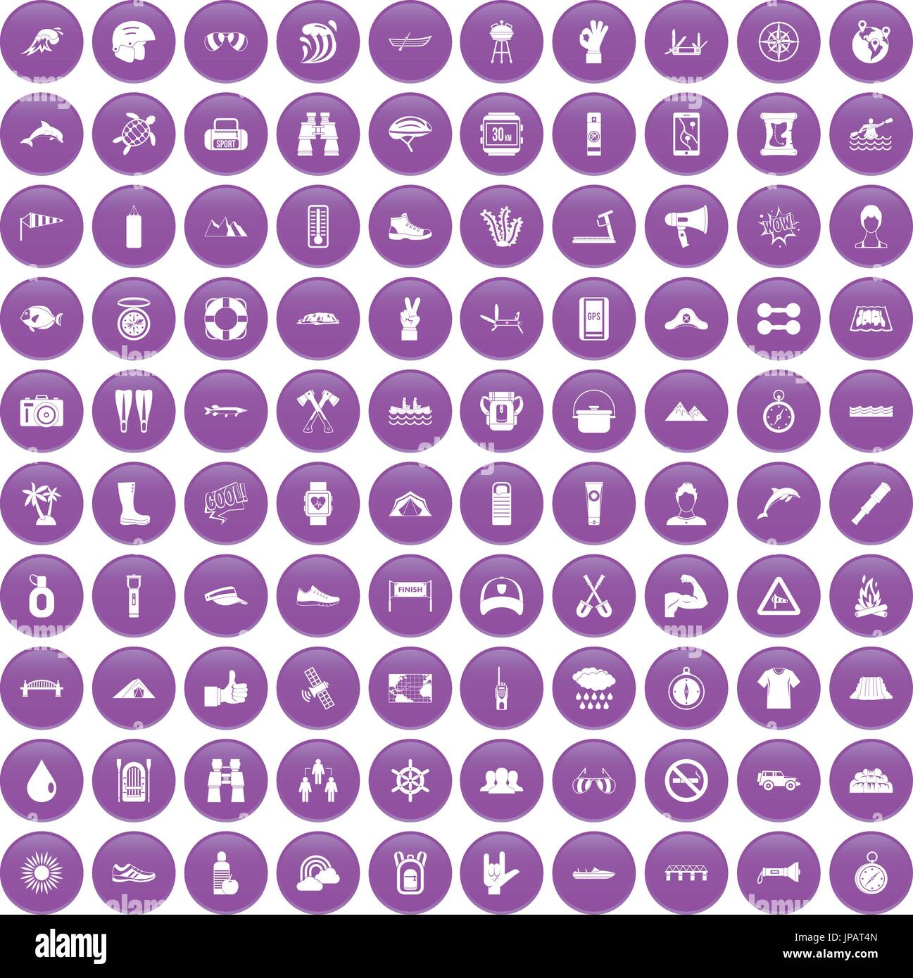 100 rafting icons set purple Stock Vector