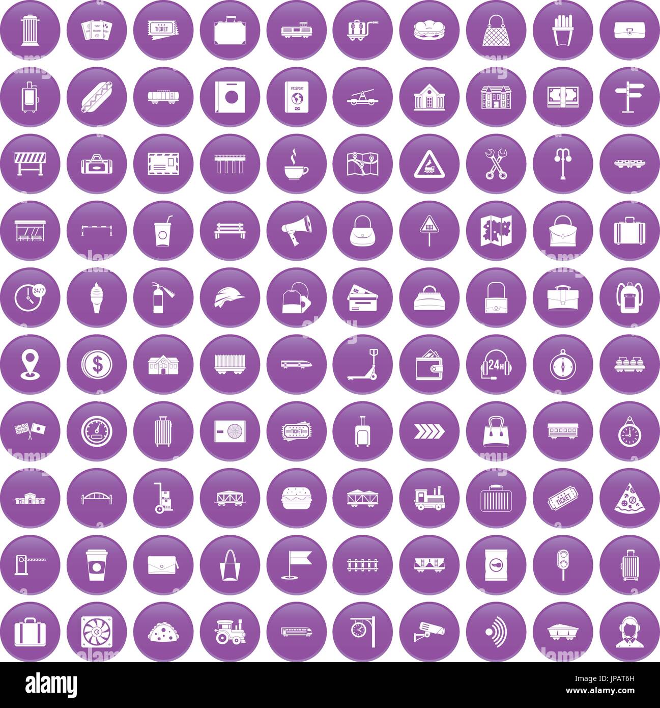 100 railway icons set purple Stock Vector
