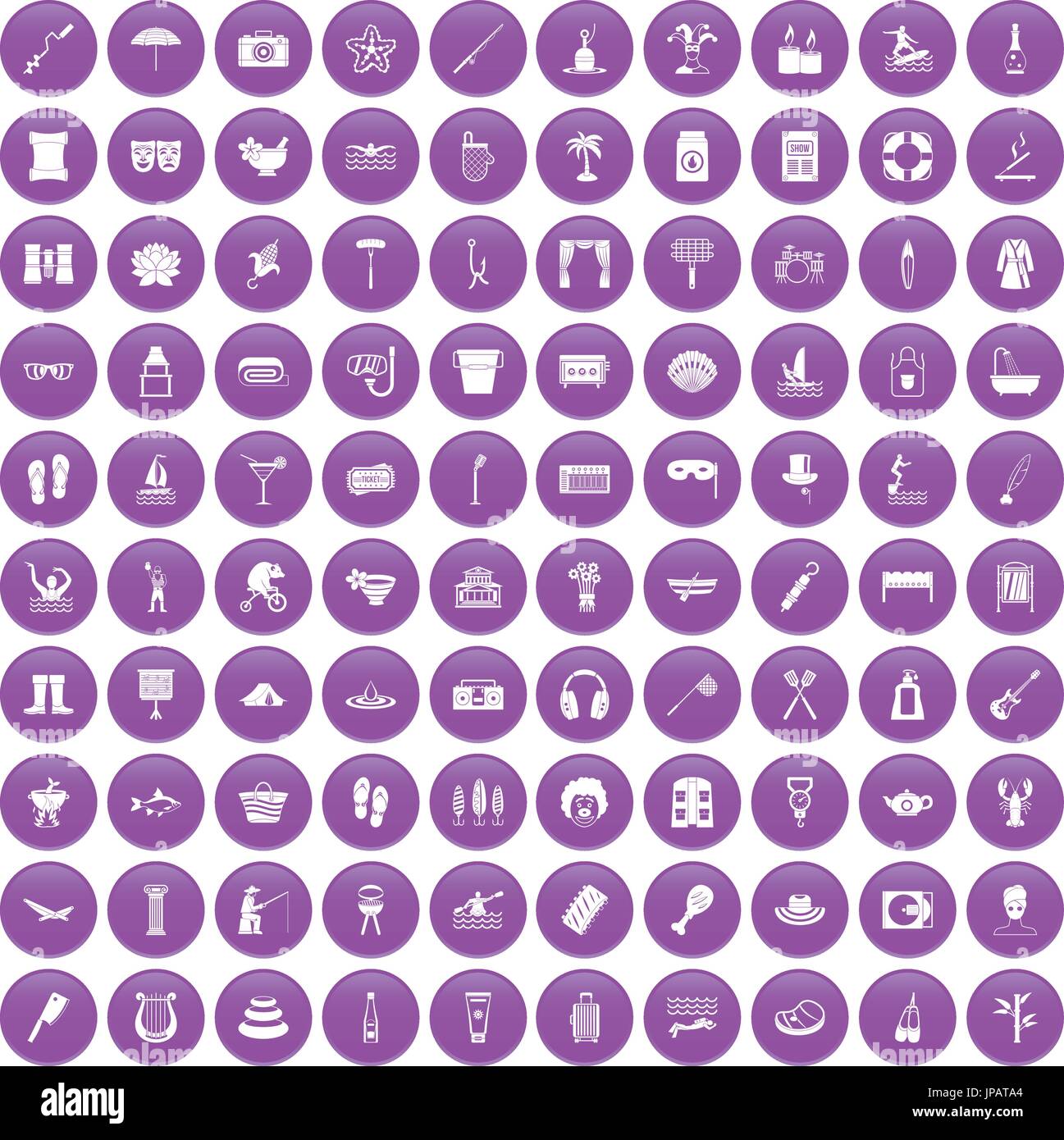 100 recreation icons set purple Stock Vector
