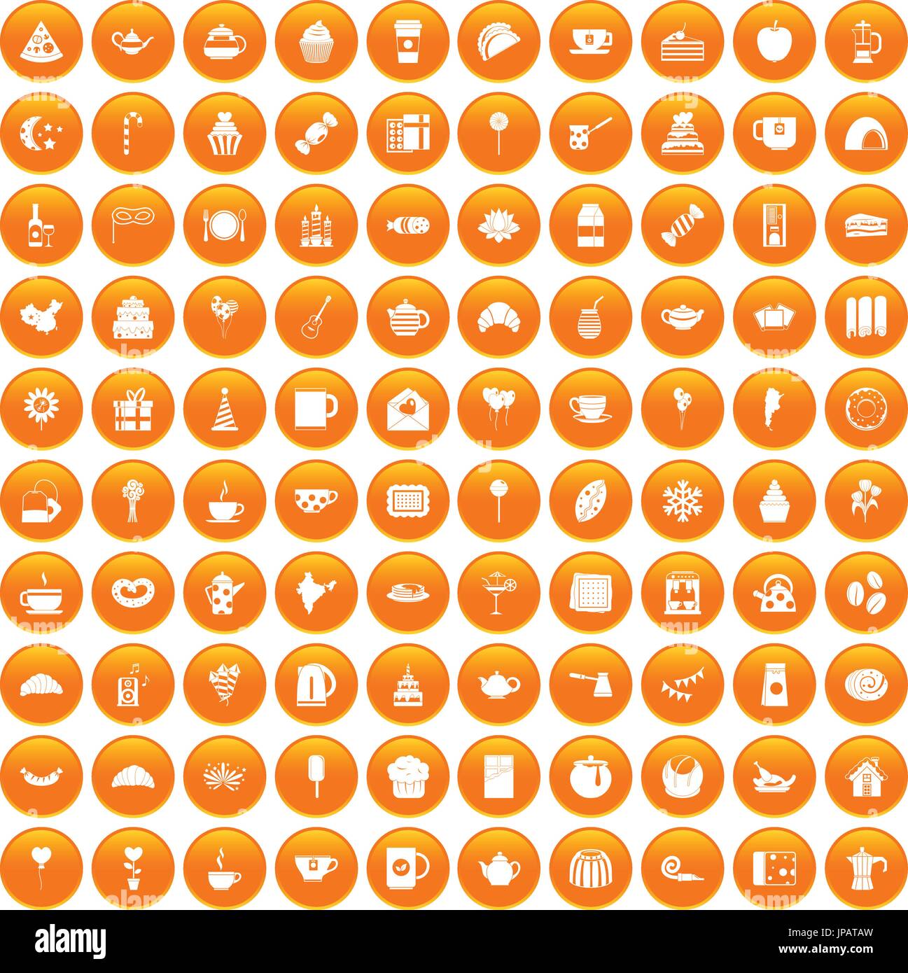 100 tea party icons set orange Stock Vector