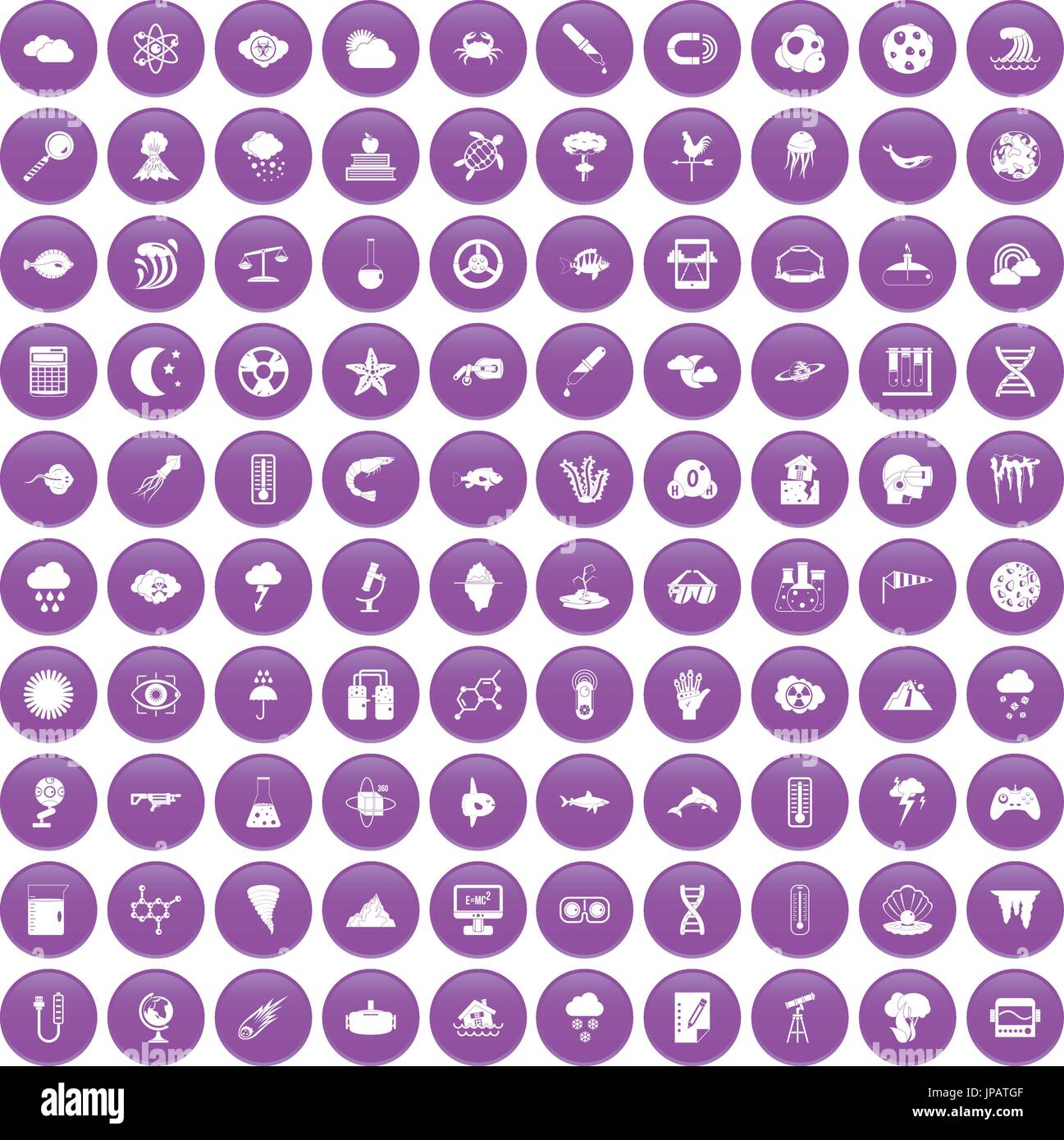 100 research icons set purple Stock Vector