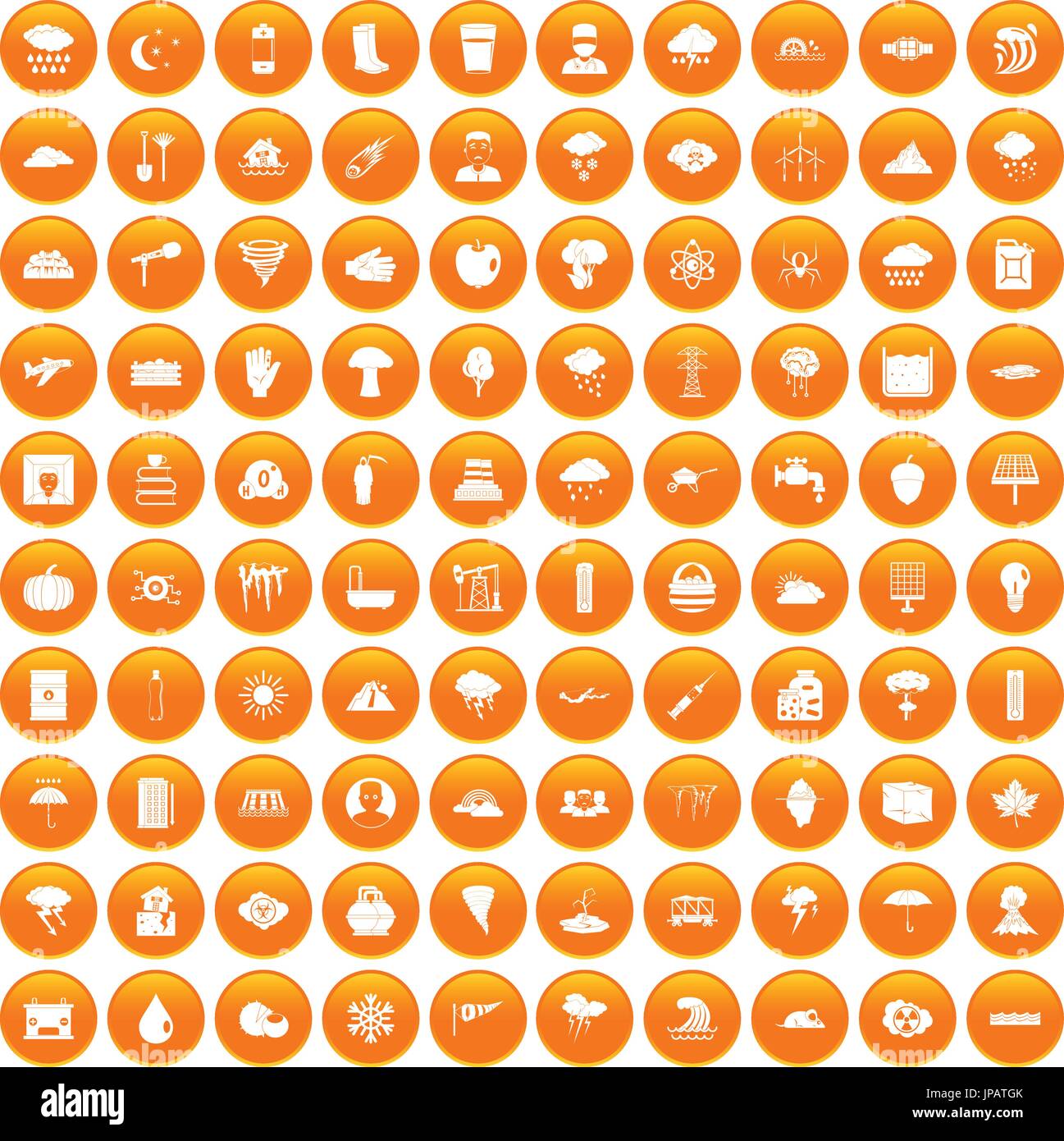 100 thunderstorm icons set orange Stock Vector