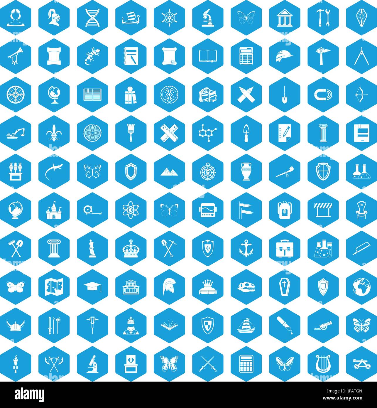 100 archeology icons set blue Stock Vector