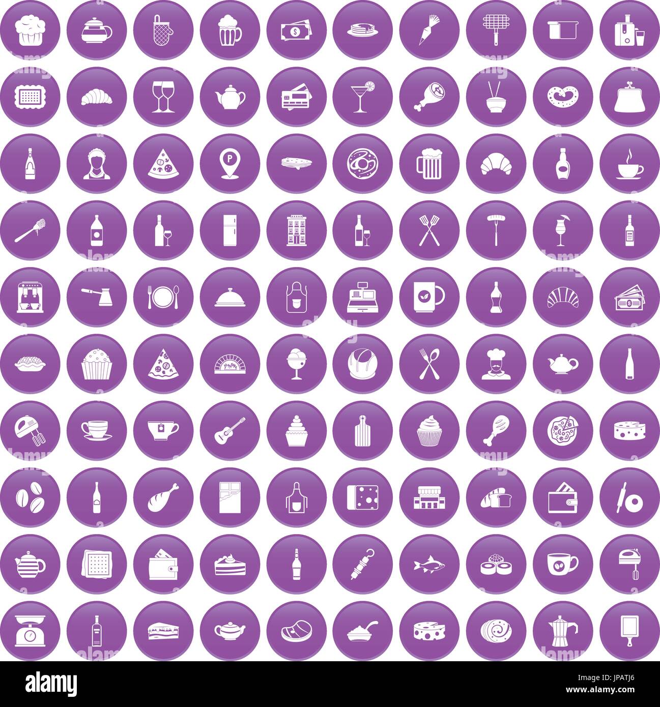 100 restaurant icons set purple Stock Vector