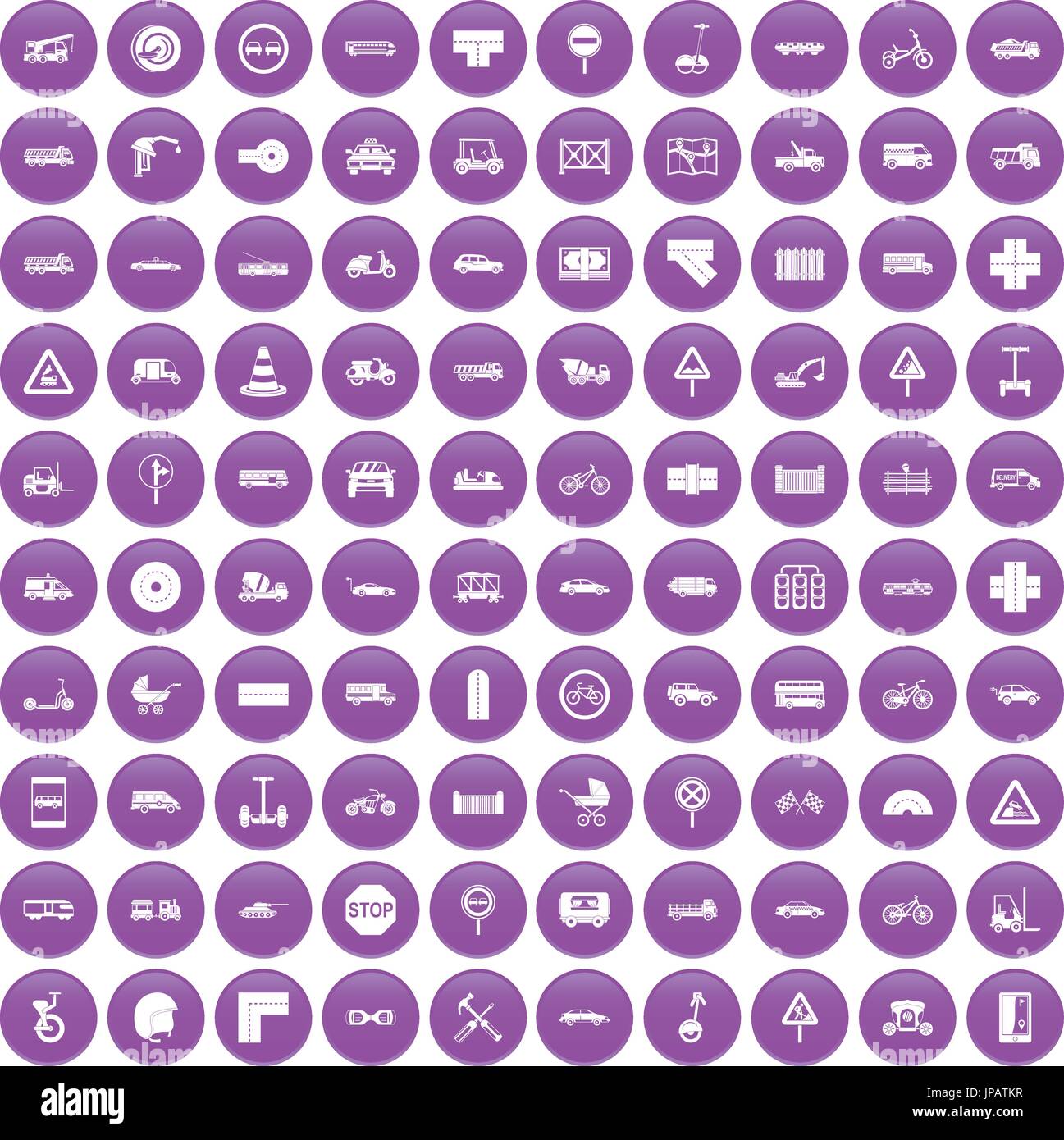 100 road icons set purple Stock Vector