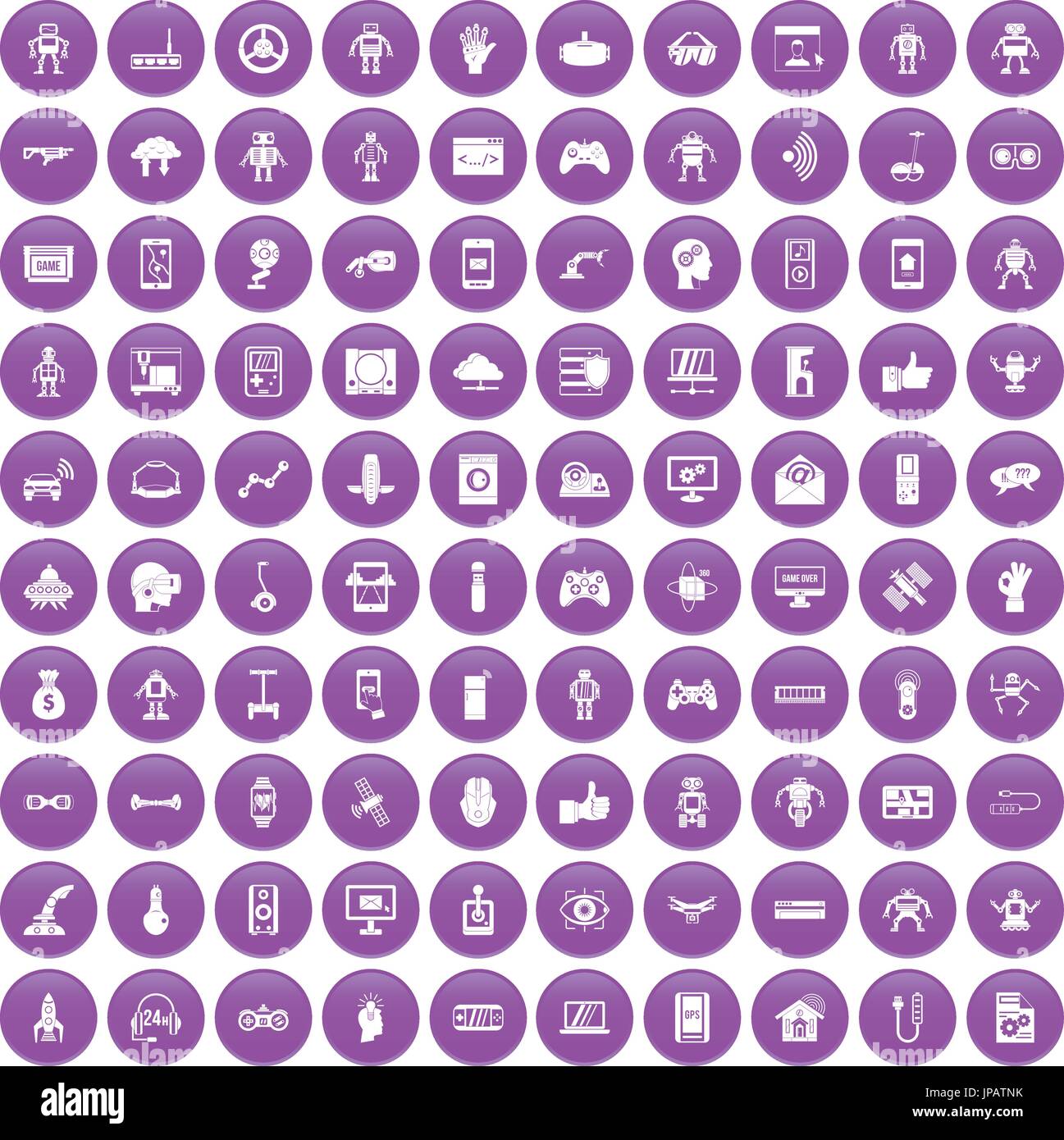 100 robot icons set purple Stock Vector