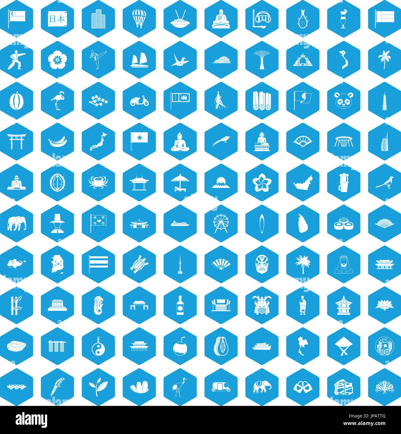 100 asian icons set blue Stock Vector