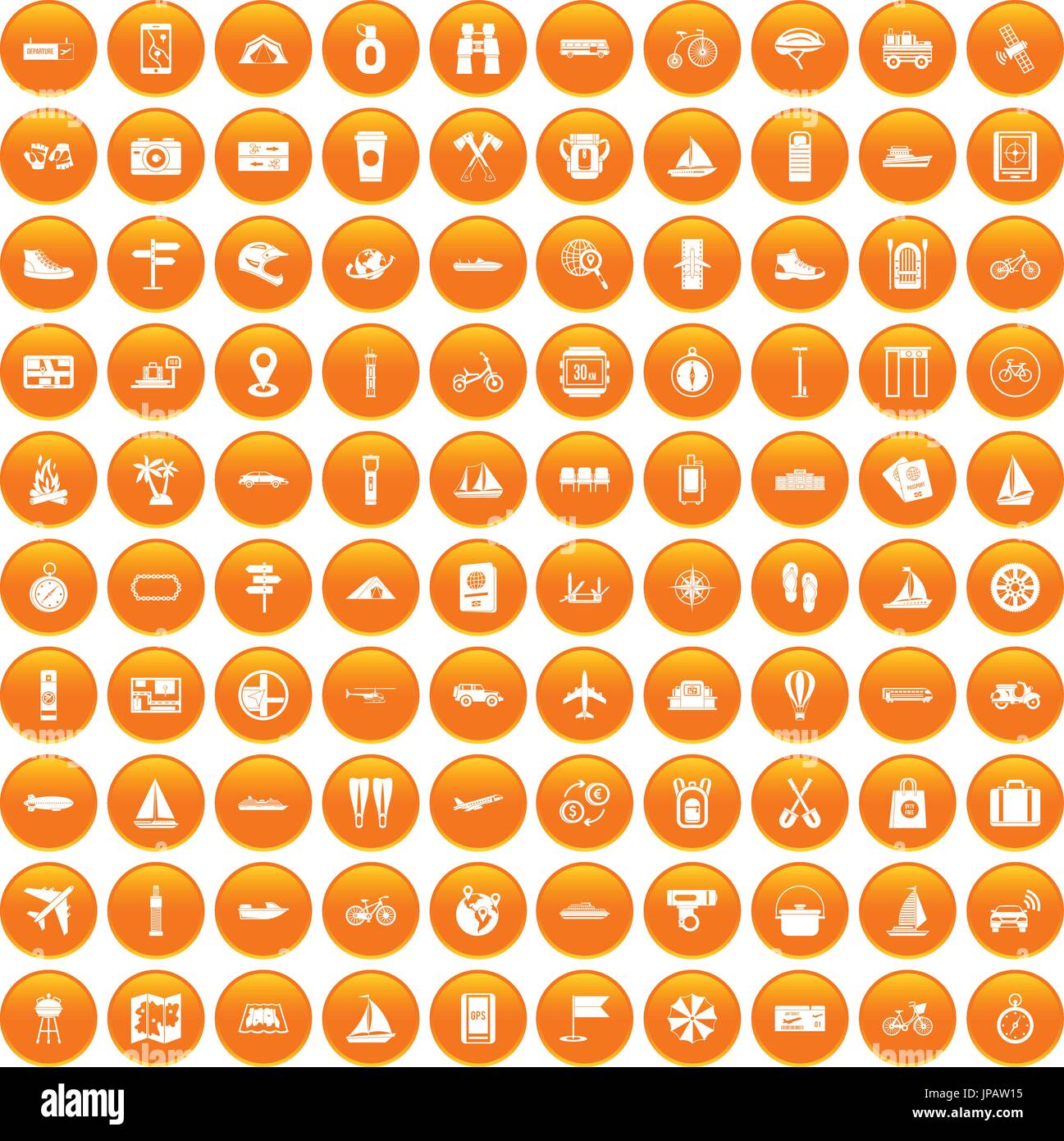 100 voyage icons set orange Stock Vector