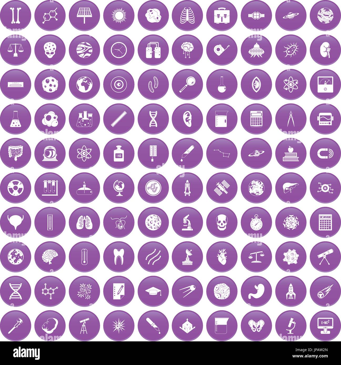 100 science icons set purple Stock Vector