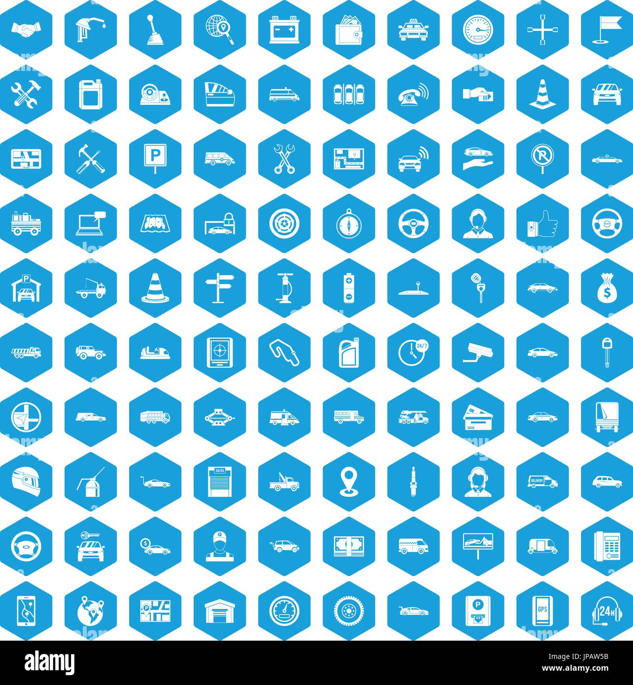 100 auto icons set blue Stock Vector