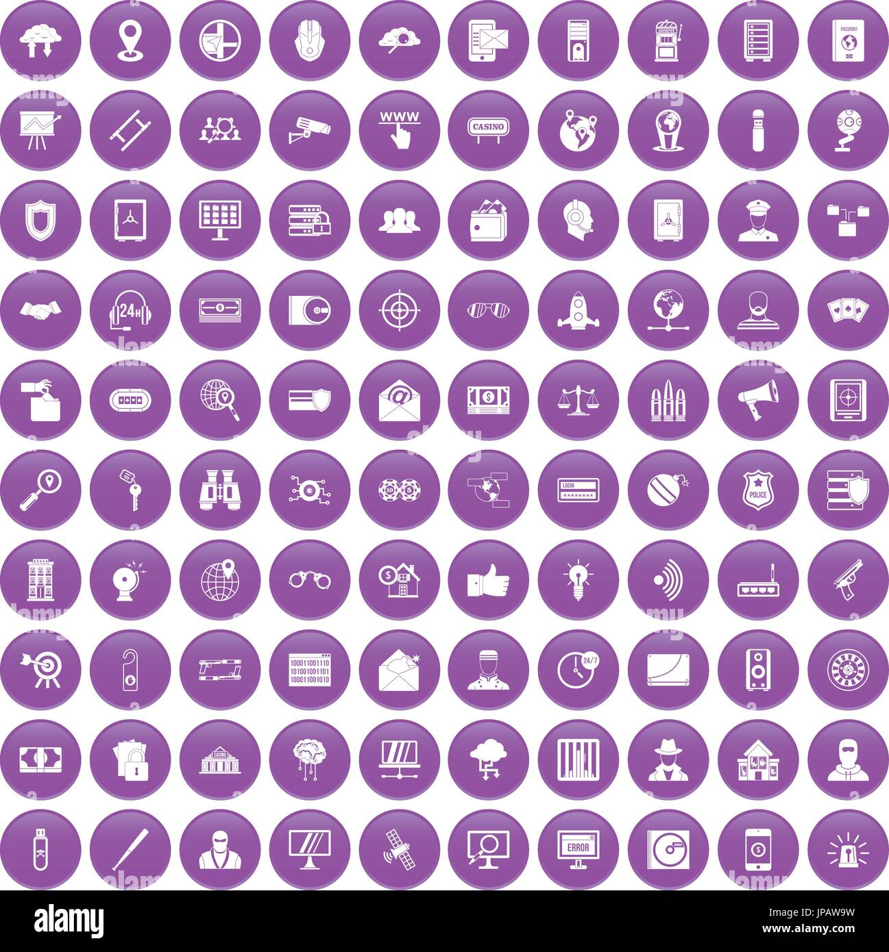 100 security icons set purple Stock Vector
