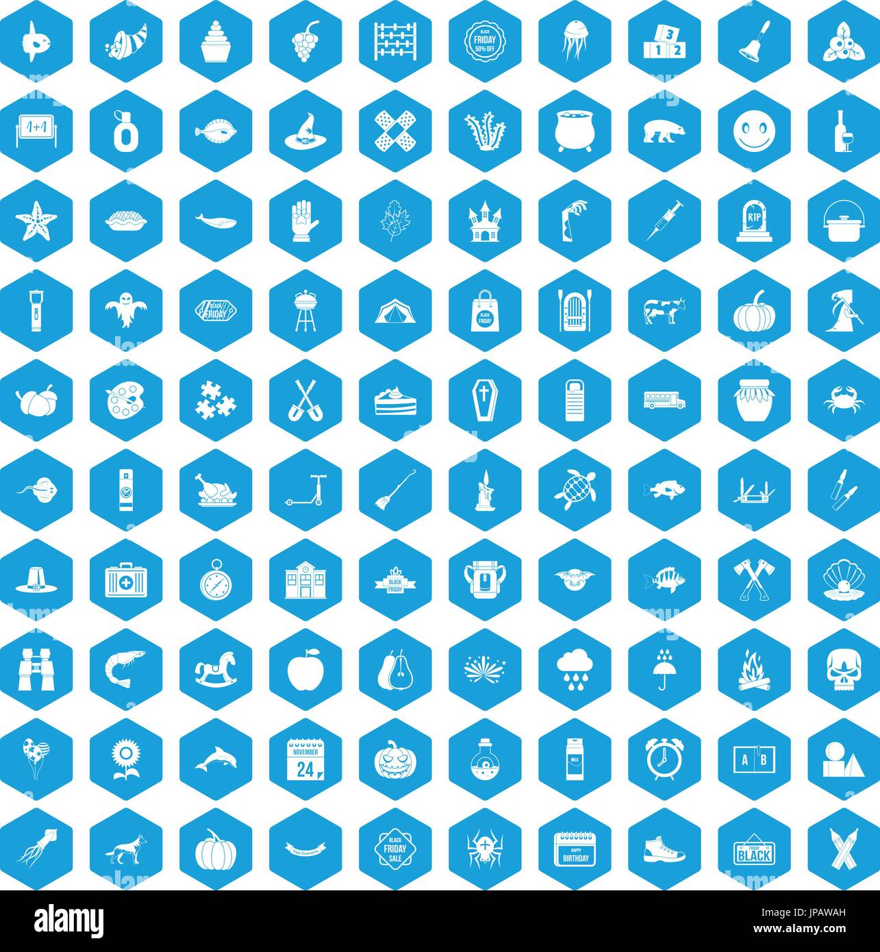 100 autumn holidays icons set blue Stock Vector
