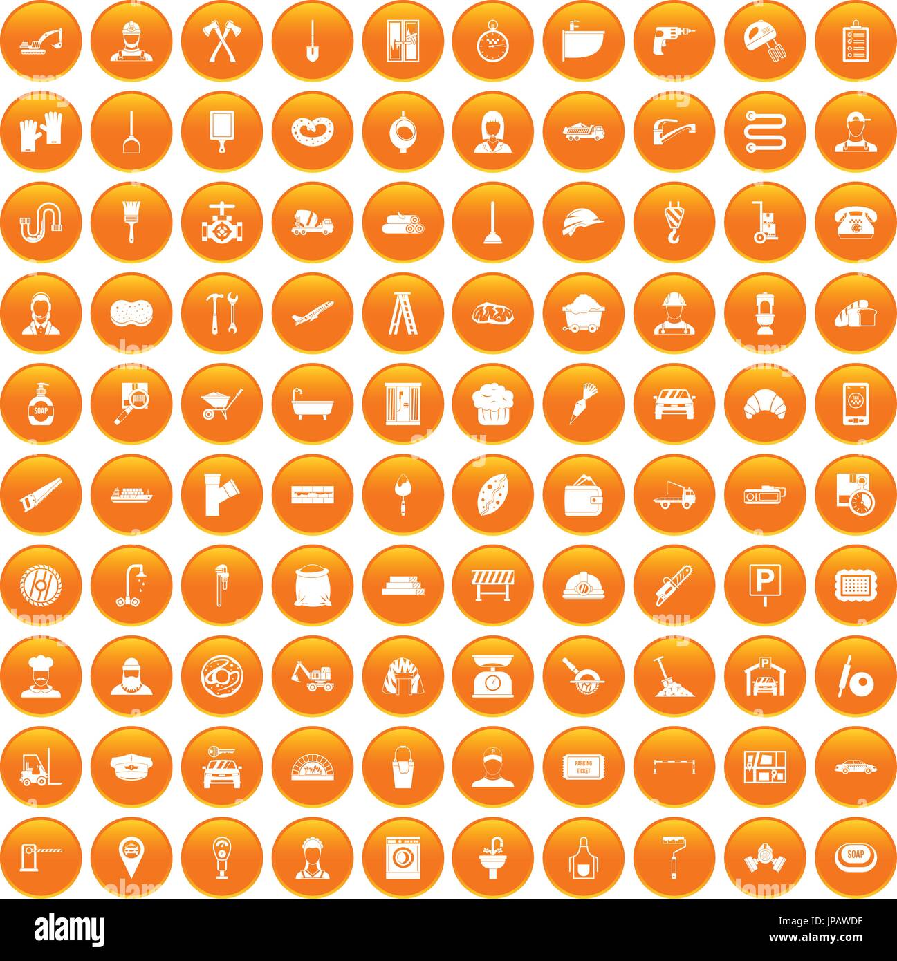 100 working professions icons set orange Stock Vector