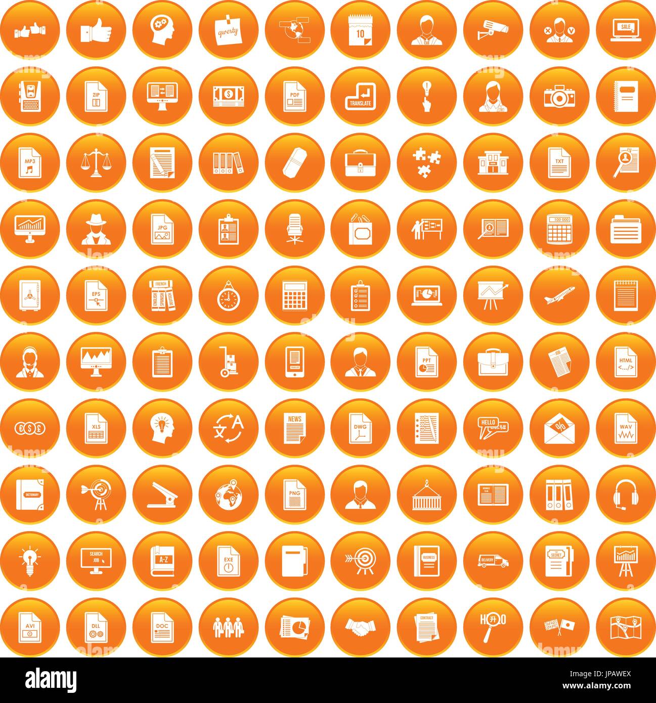 100 work paper icons set orange Stock Vector