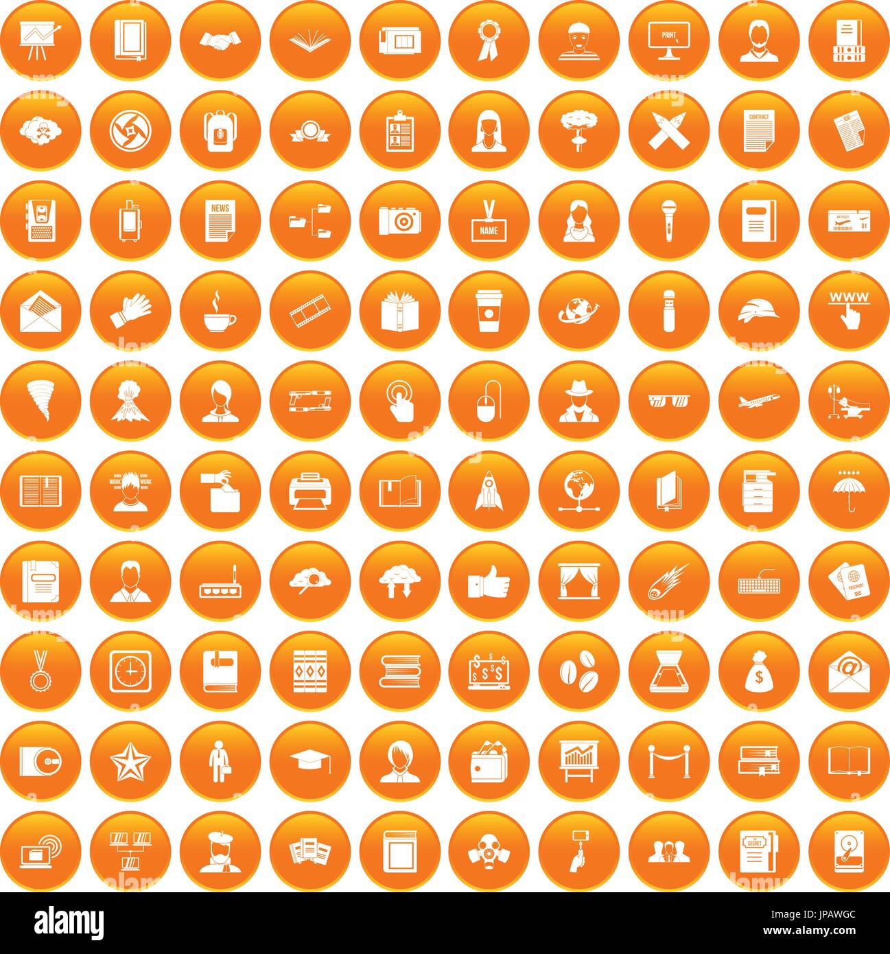 100 writer icons set orange Stock Vector