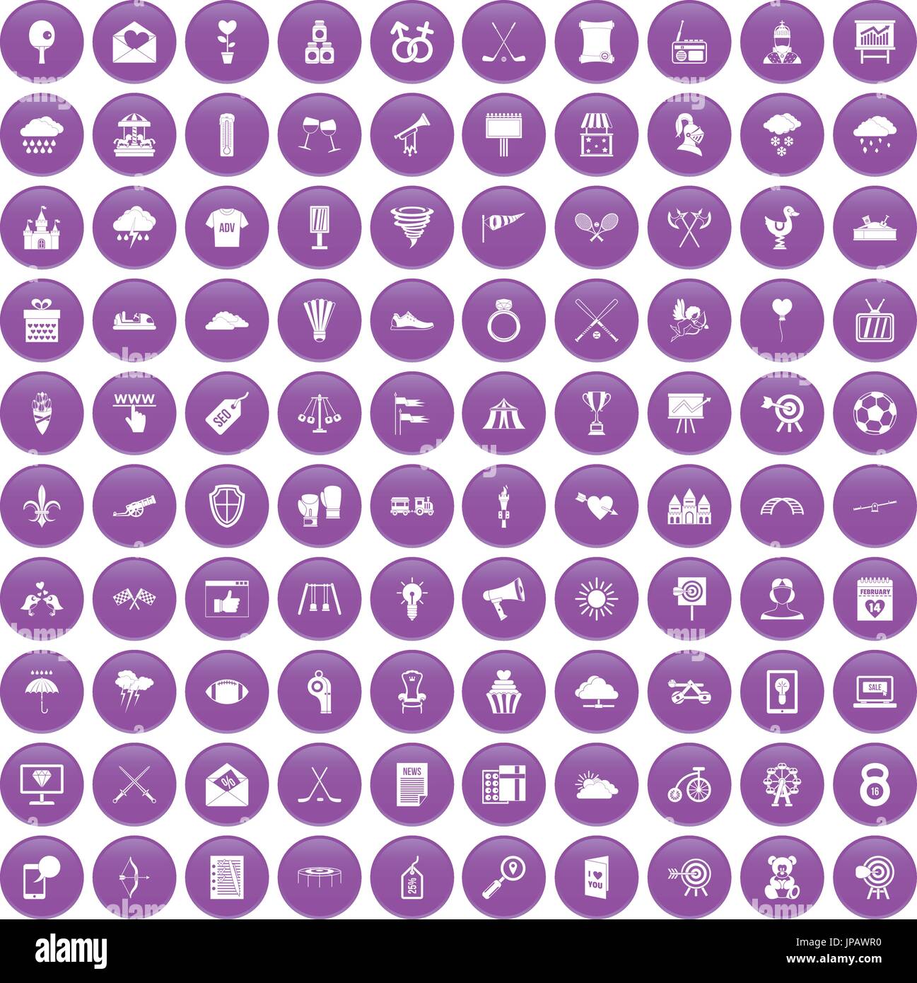 100 arrow icons set purple Stock Vector