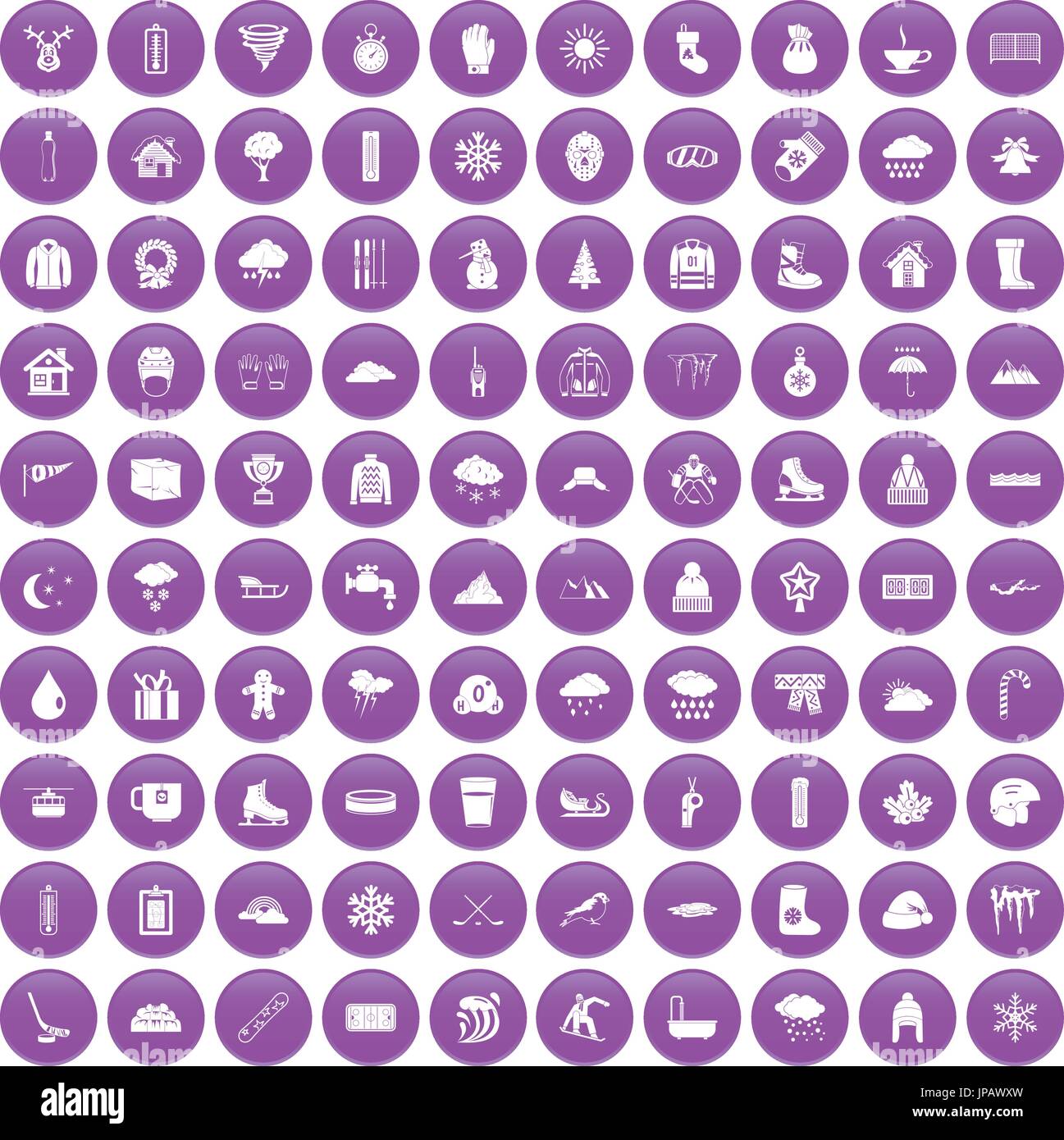 100 snow icons set purple Stock Vector