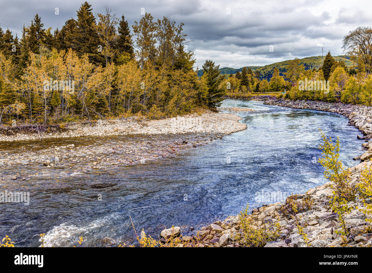 Petit Saguenay river in Quebec, Canada during autumn with curve Stock