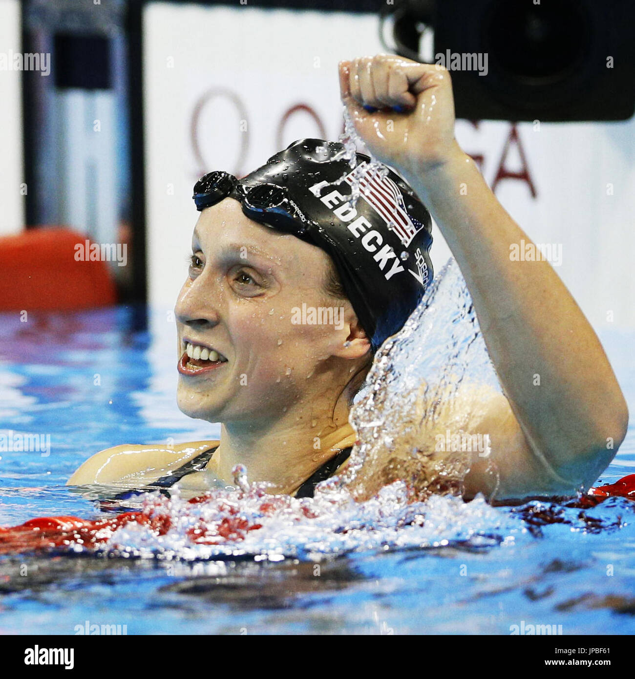 Katie Ledecky of the United States celebrates after winning the women's