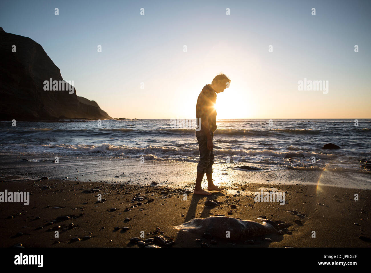 Man on the beach in back light Stock Photo