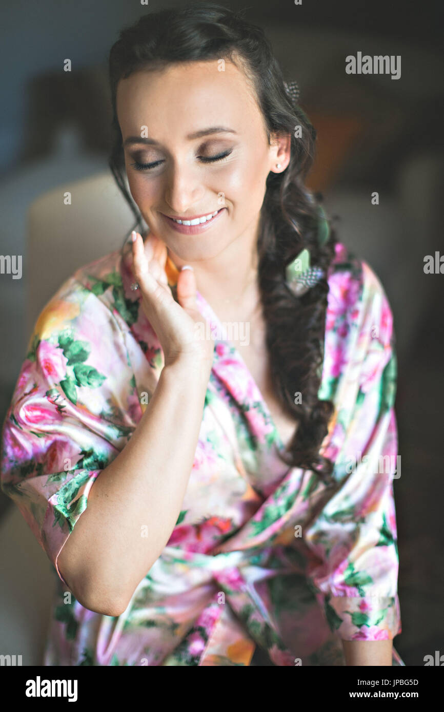 Young woman in dressing gown, smile, happy, half portrait Stock Photo